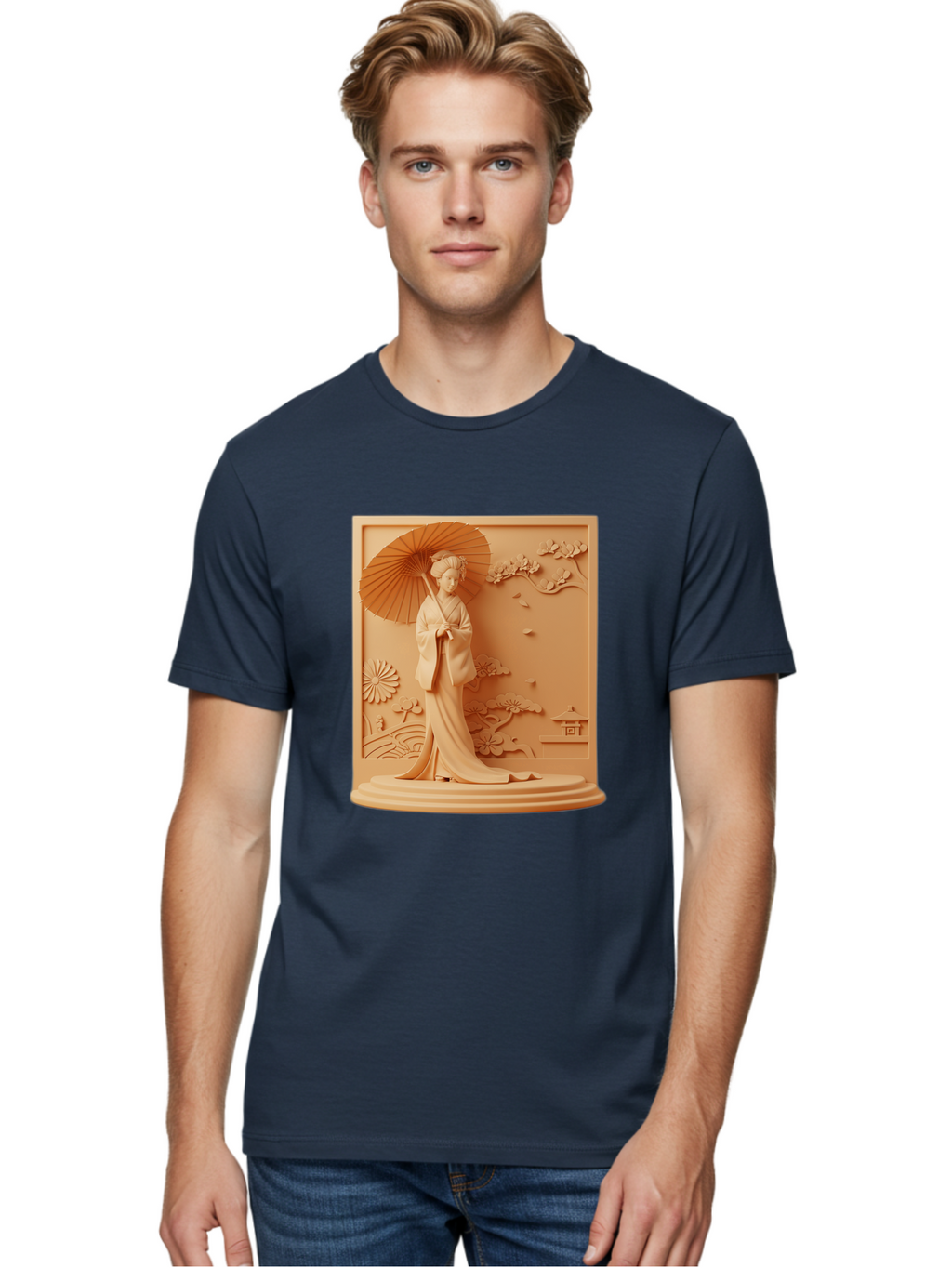 Geisha Men'S Graphic Tee, 100% Cotton, Comfortable Casual Summer Wear, Machine Washable, Geisha, Traditional Japanese Woman, Parasol, Kimono, Serene Atmosphere, Cultural Heritage, Elegant, Figurine, Decorative Art, Intricate Design, Bab938