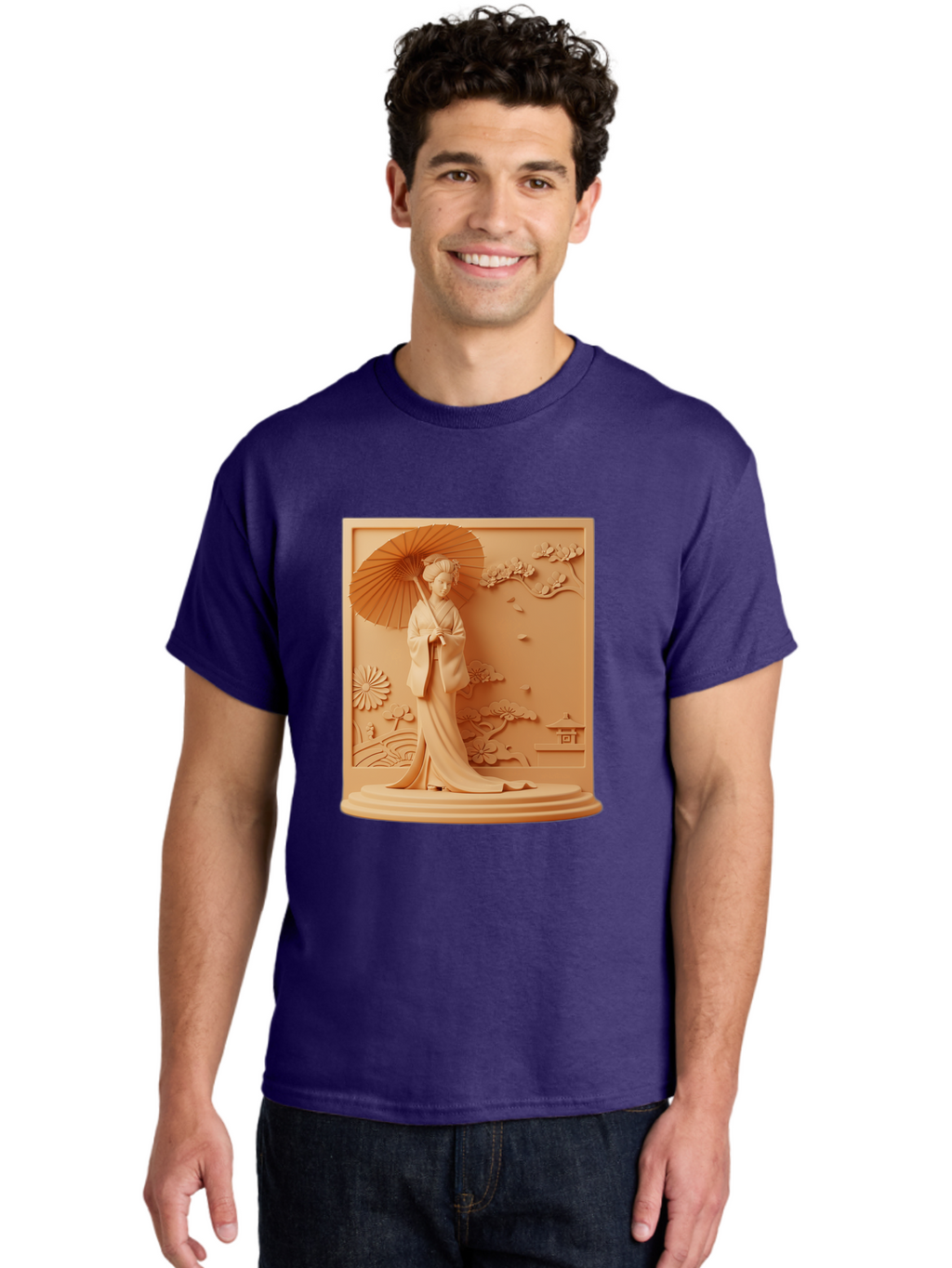 Geisha Men'S Graphic Tee, 100% Cotton, Comfortable Casual Summer Wear, Machine Washable, Geisha, Traditional Japanese Woman, Parasol, Kimono, Serene Atmosphere, Cultural Heritage, Elegant, Figurine, Decorative Art, Intricate Design, Bab938