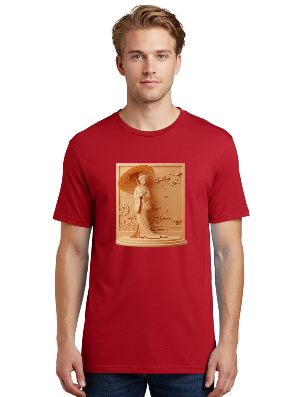 Geisha Men'S Graphic Tee, 100% Cotton, Comfortable Casual Summer Wear, Machine Washable, Geisha, Traditional Japanese Woman, Parasol, Kimono, Serene Atmosphere, Cultural Heritage, Elegant, Figurine, Decorative Art, Intricate Design, Bab938