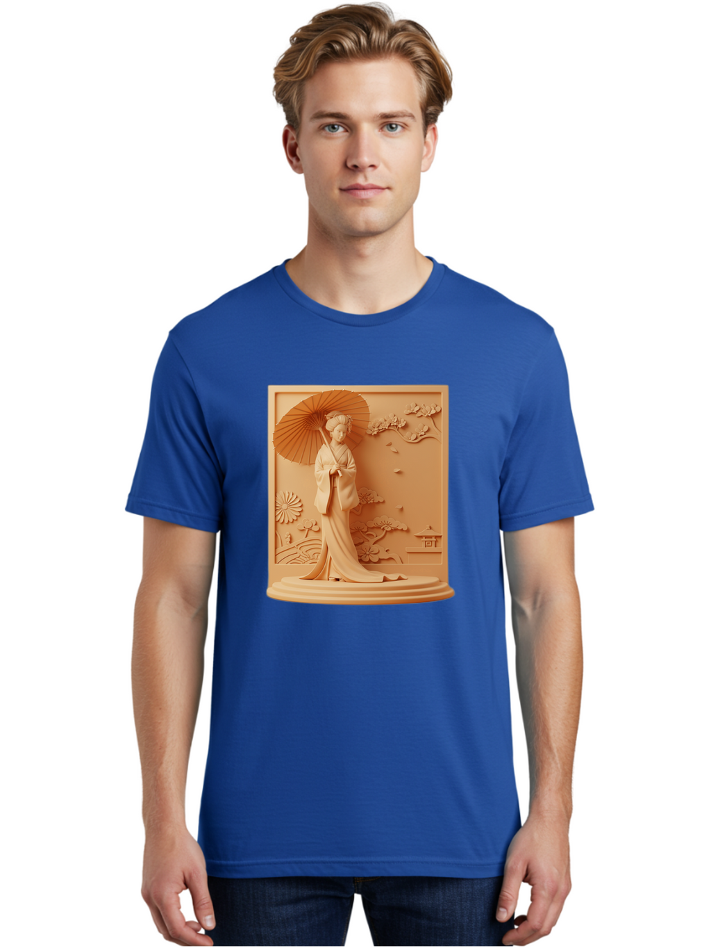 Geisha Men'S Graphic Tee, 100% Cotton, Comfortable Casual Summer Wear, Machine Washable, Geisha, Traditional Japanese Woman, Parasol, Kimono, Serene Atmosphere, Cultural Heritage, Elegant, Figurine, Decorative Art, Intricate Design, Bab938