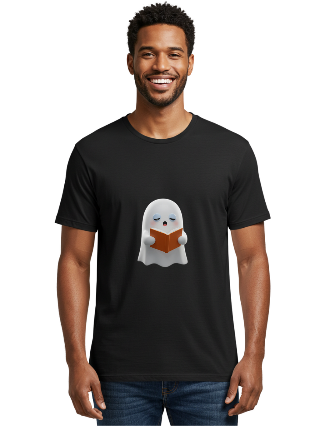 Ghost-Reading-Book Men'S Graphic Tee, 100% Cotton, Comfortable Casual Summer Wear, Machine Washable, White Ghost, Reading A Book, Cartoon Character, 3D Illustration, Cute Ghost, Ghostly Figure, Bookworm, Adorable, Funny, Spooky, Halloween, Bab939