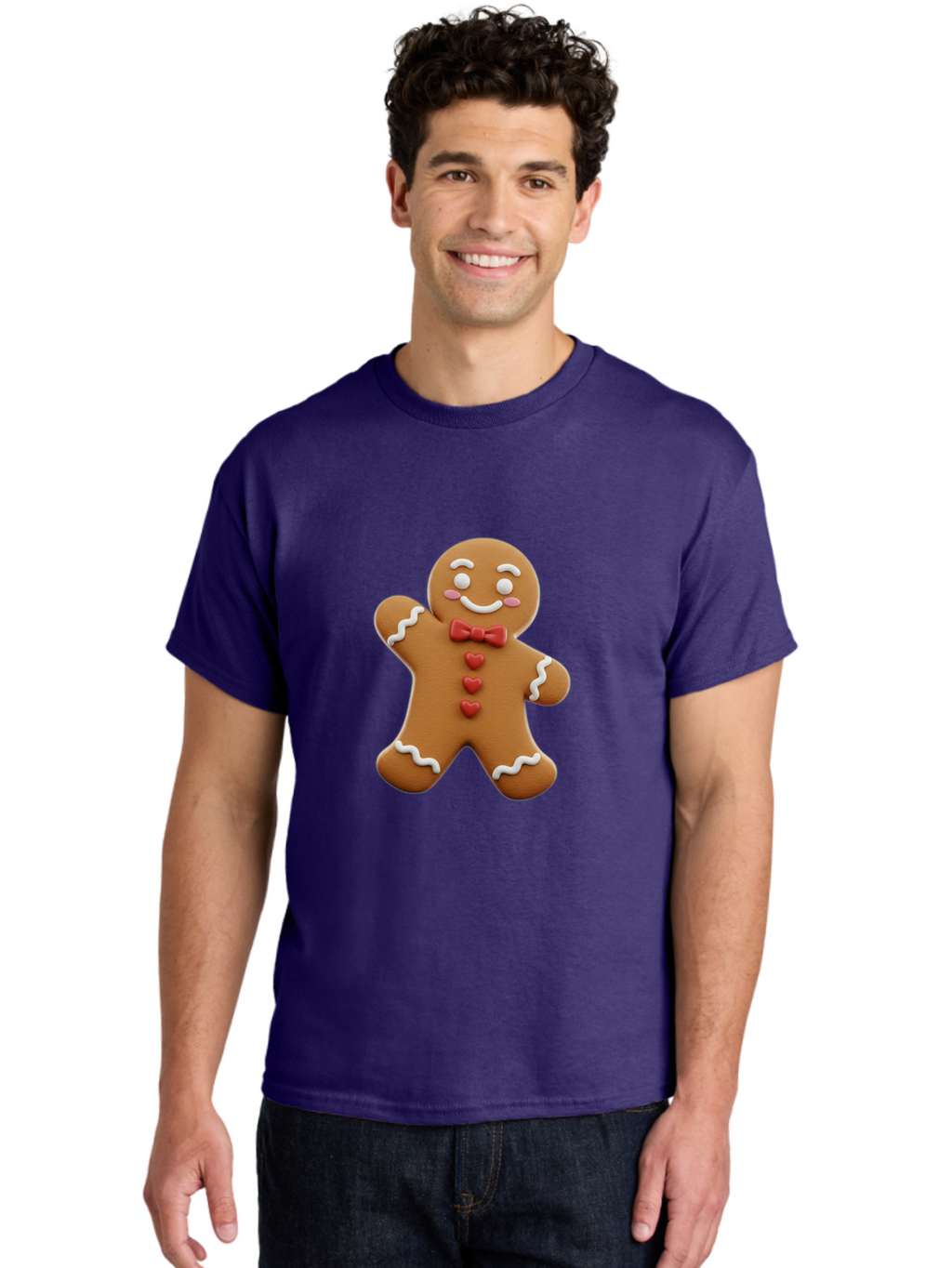 Gingerbread-Man-1 Men'S Graphic Tee, 100% Cotton, Comfortable Casual Summer Wear, Machine Washable, Gingerbread Man, Sweet Treat, Holiday Baking, Festive Cookie, Whimsical Design, Red Bow Tie, White Icing, Heart Buttons, Cartoon Character Bab941