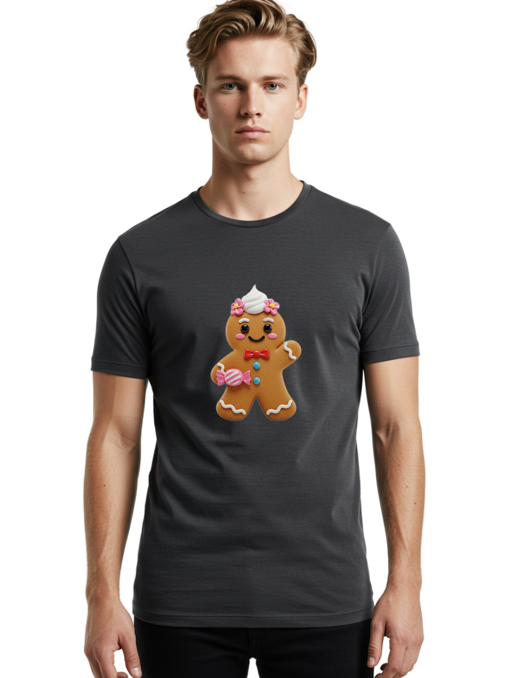 Gingerbread-Man-12 Men'S Graphic Tee, 100% Cotton, Comfortable Casual Summer Wear, Machine Washable, Gingerbread Man, Festive Cookie, Holiday Treat, Sweet Decoration, Christmas Dessert, Candy, Icing Details, Cartoonish Design, Bab944