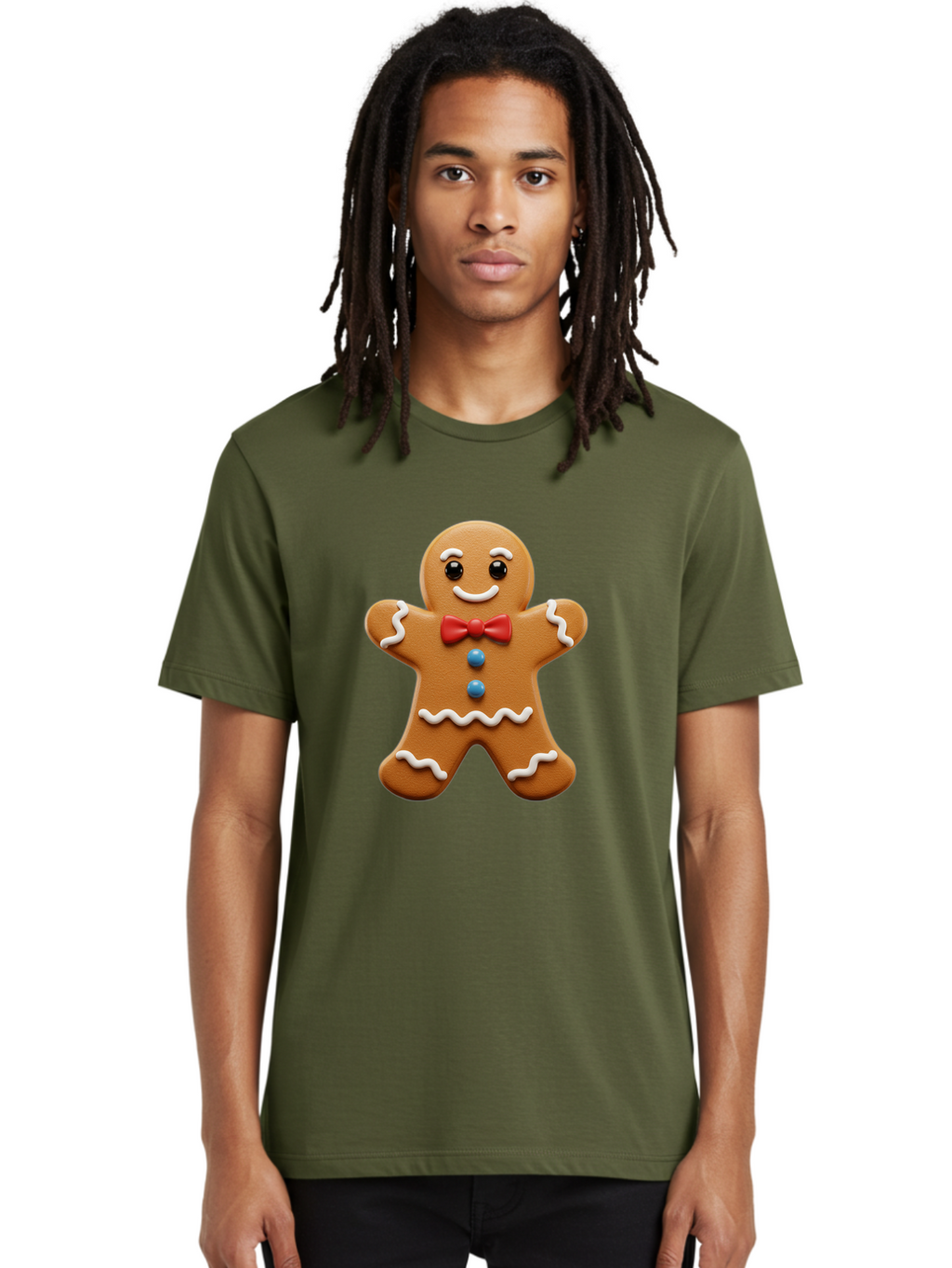 Gingerbread-Man-15 Men'S Graphic Tee, 100% Cotton, Comfortable Casual Summer Wear, Machine Washable, Gingerbread Man, Christmas Cookie, Red Bow Tie, White Icing, Blue Buttons, Festive Treat, Holiday Baking, Sweet Delight, Winter Wonderland Bab947