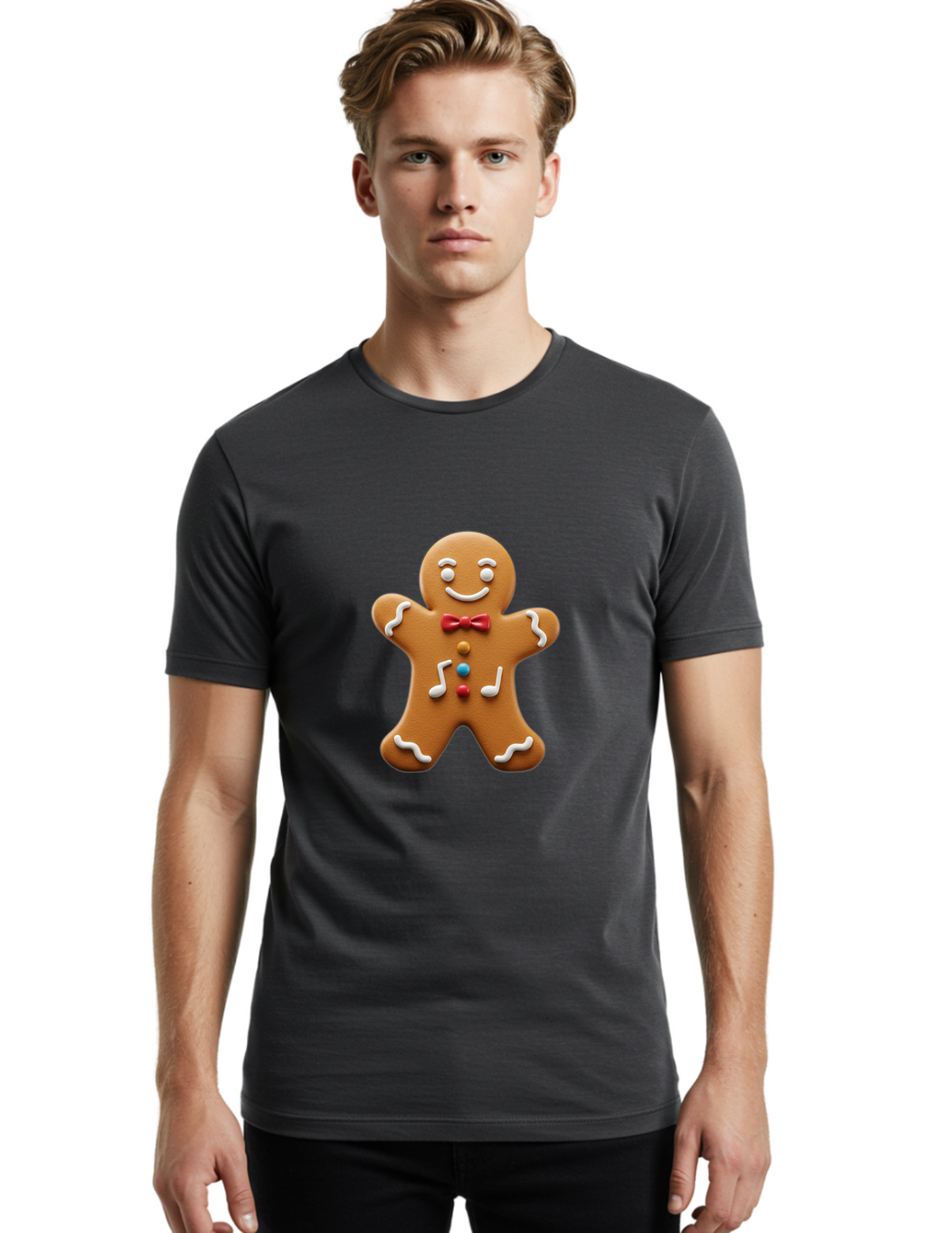 Gingerbread-Man-16 Men'S Graphic Tee, 100% Cotton, Comfortable Casual Summer Wear, Machine Washable, Gingerbread Man, Holiday Treat, Festive Cookie, Christmas Baking, Sweet Decoration, Icing Details, Candy Buttons, Red Bow Tie, White Icing Bab948