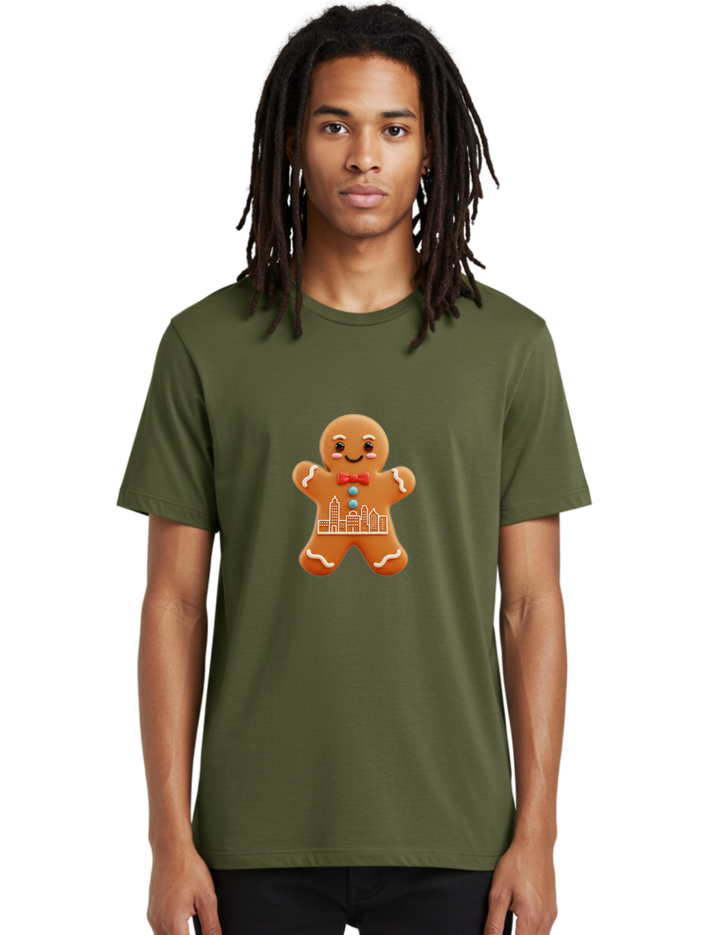Gingerbread-Man-17 Men'S Graphic Tee, 100% Cotton, Comfortable Casual Summer Wear, Machine Washable, Gingerbread Man, City Design, Festive Treat, Holiday Cookie, Red Bow Tie, White Icing Details, Gingerbread Cookie Art, Cityscape Cookie, Bab949