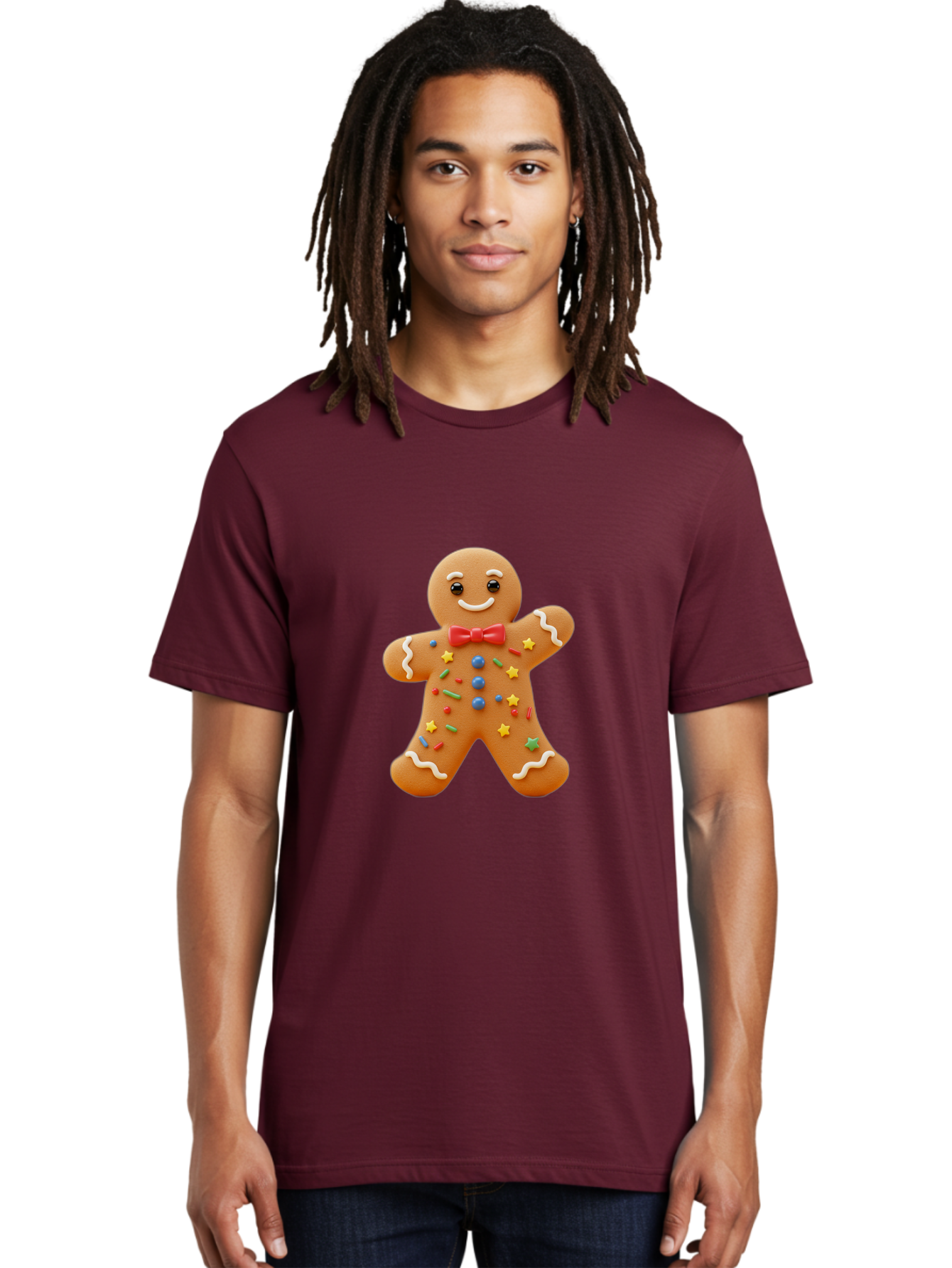 Gingerbread-Man-4 Men'S Graphic Tee, 100% Cotton, Comfortable Casual Summer Wear, Machine Washable, Gingerbread Man, Festive Treat, Holiday Cookie, Icing Decorations, Colorful Sprinkles, Red Bow Tie, Cartoon Character, Sweet Delight, Baking, Bab952