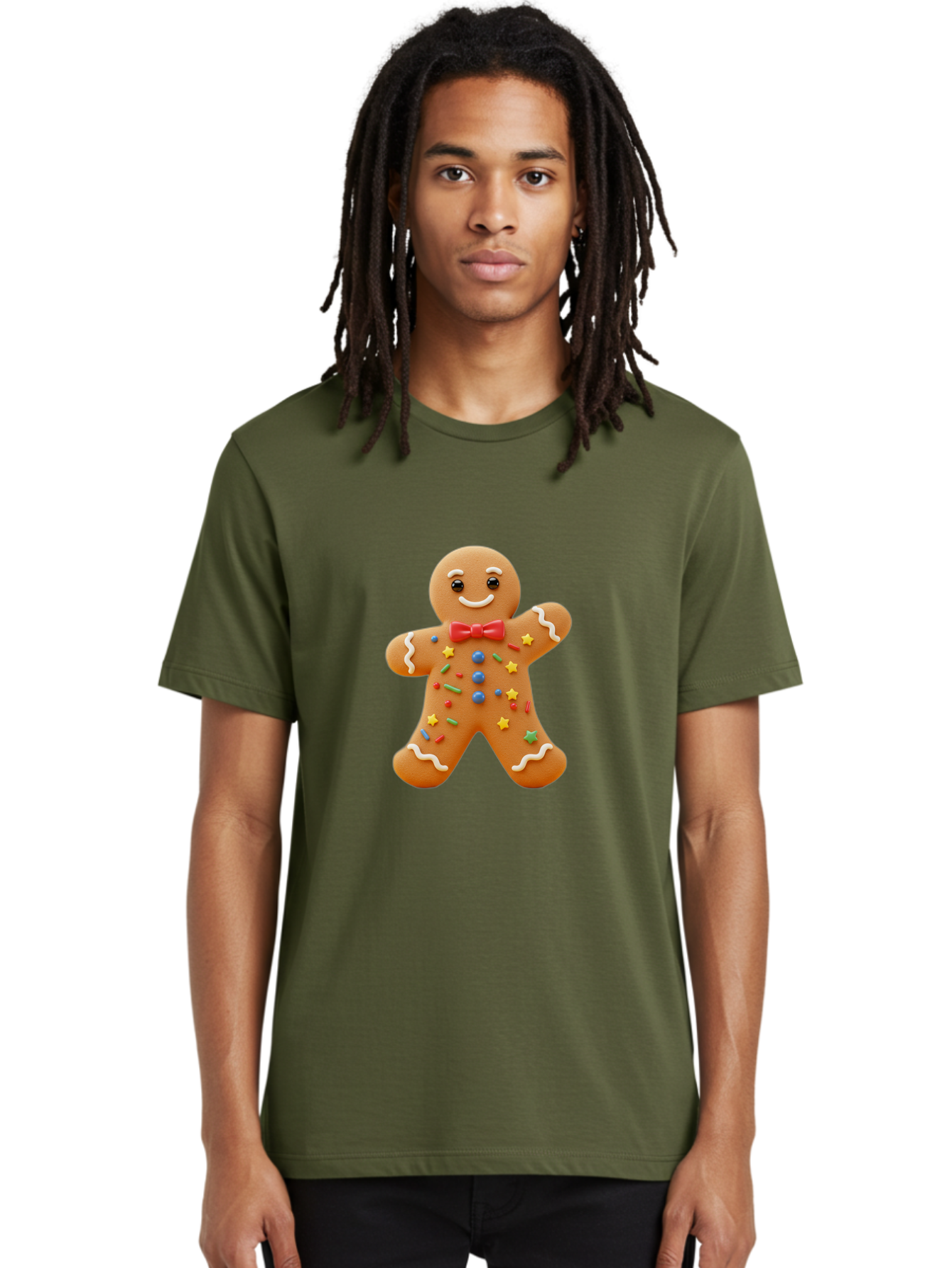 Gingerbread-Man-4 Men'S Graphic Tee, 100% Cotton, Comfortable Casual Summer Wear, Machine Washable, Gingerbread Man, Festive Treat, Holiday Cookie, Icing Decorations, Colorful Sprinkles, Red Bow Tie, Cartoon Character, Sweet Delight, Baking, Bab952