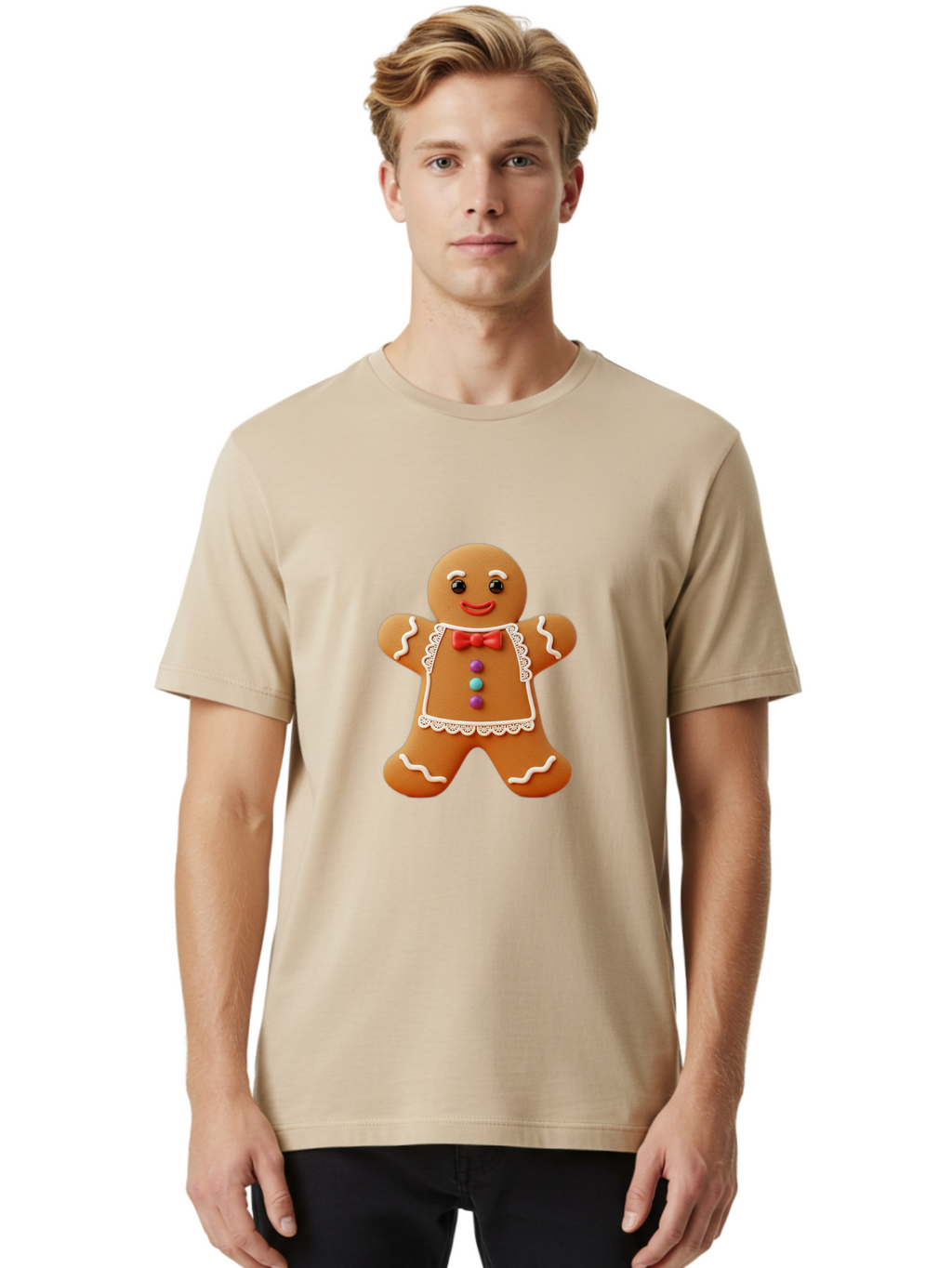 Gingerbread-Man-7 Men'S Graphic Tee, 100% Cotton, Comfortable Casual Summer Wear, Machine Washable, Gingerbread Man, Festive Holiday Treat, Sweet Cookie, Icing Details, Red Bow Tie, Colorful Candy Buttons, Cartoon Style, Whimsical Design, Bab955