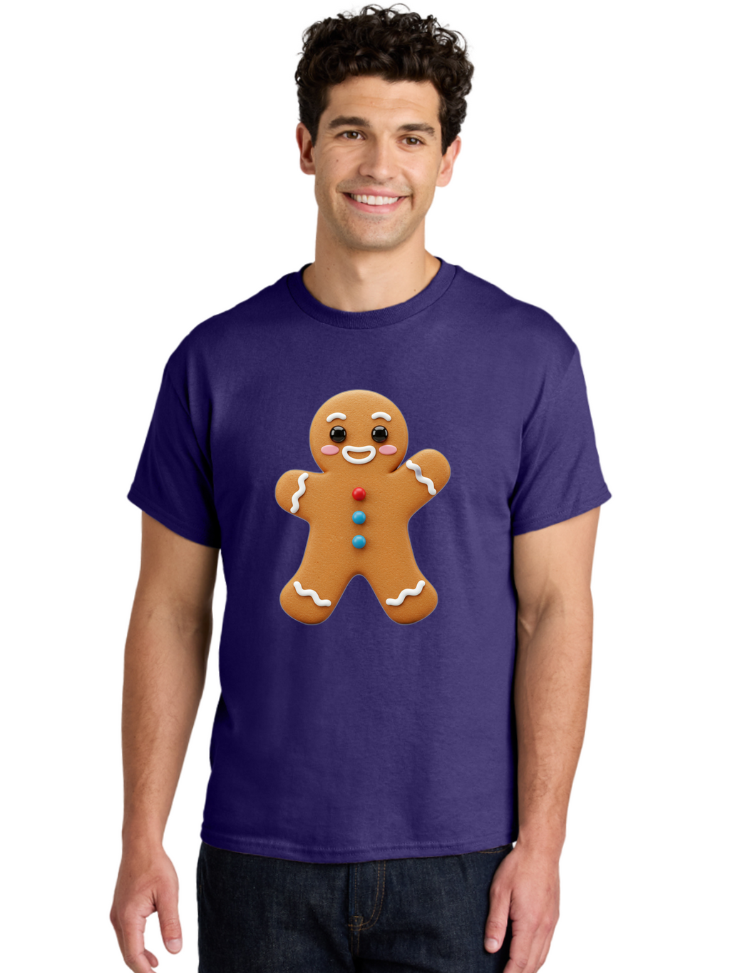 Gingerbread-Man Men'S Graphic Tee, 100% Cotton, Comfortable Casual Summer Wear, Machine Washable, Gingerbread Man, Sweet Treats, Holiday Baking, Cartoon Character, Friendly Face, White Icing, Colorful Buttons, Festive Decorations, Bab958