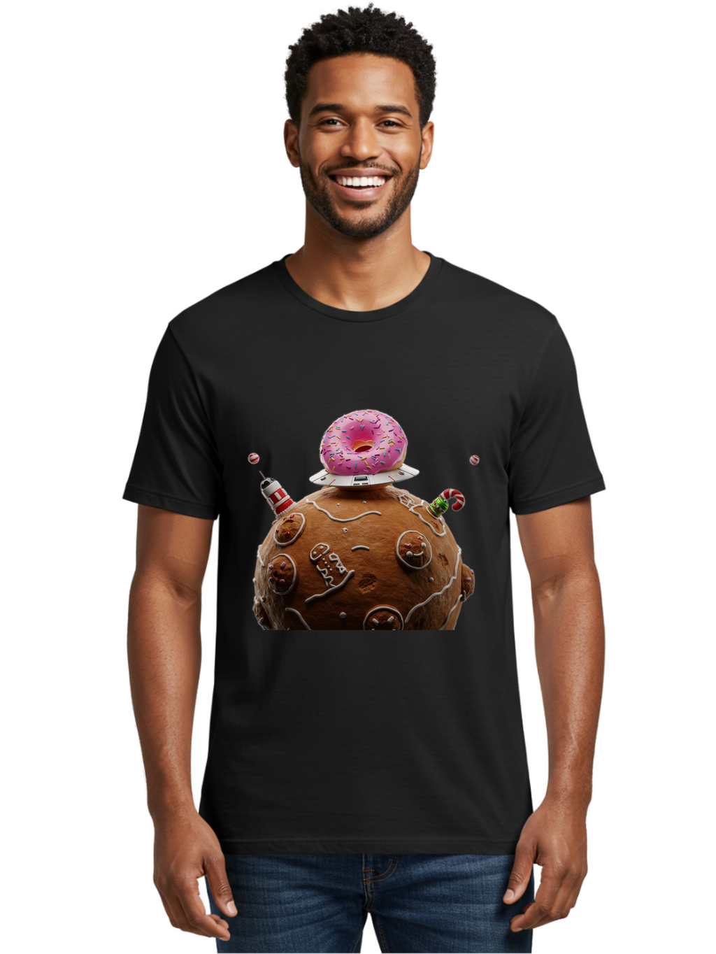 Gingerbread-Planet Men'S Graphic Tee, 100% Cotton, Comfortable Casual Summer Wear, Machine Washable, Donut Spaceship, Pink Donut, Gingerbread Planet, Candy Decorations, Icing Details, Whimsical Scene, Sweet Treats, Dessert Art, Ufo, Spaceship, Bab959