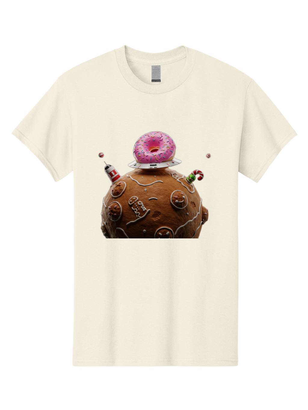 Gingerbread-Planet Men'S Graphic Tee, 100% Cotton, Comfortable Casual Summer Wear, Machine Washable, Donut Spaceship, Pink Donut, Gingerbread Planet, Candy Decorations, Icing Details, Whimsical Scene, Sweet Treats, Dessert Art, Ufo, Spaceship, Bab959