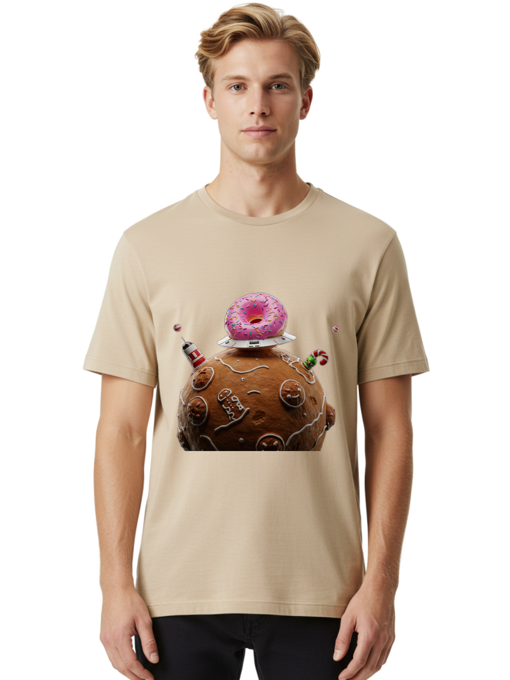 Gingerbread-Planet Men'S Graphic Tee, 100% Cotton, Comfortable Casual Summer Wear, Machine Washable, Donut Spaceship, Pink Donut, Gingerbread Planet, Candy Decorations, Icing Details, Whimsical Scene, Sweet Treats, Dessert Art, Ufo, Spaceship, Bab959