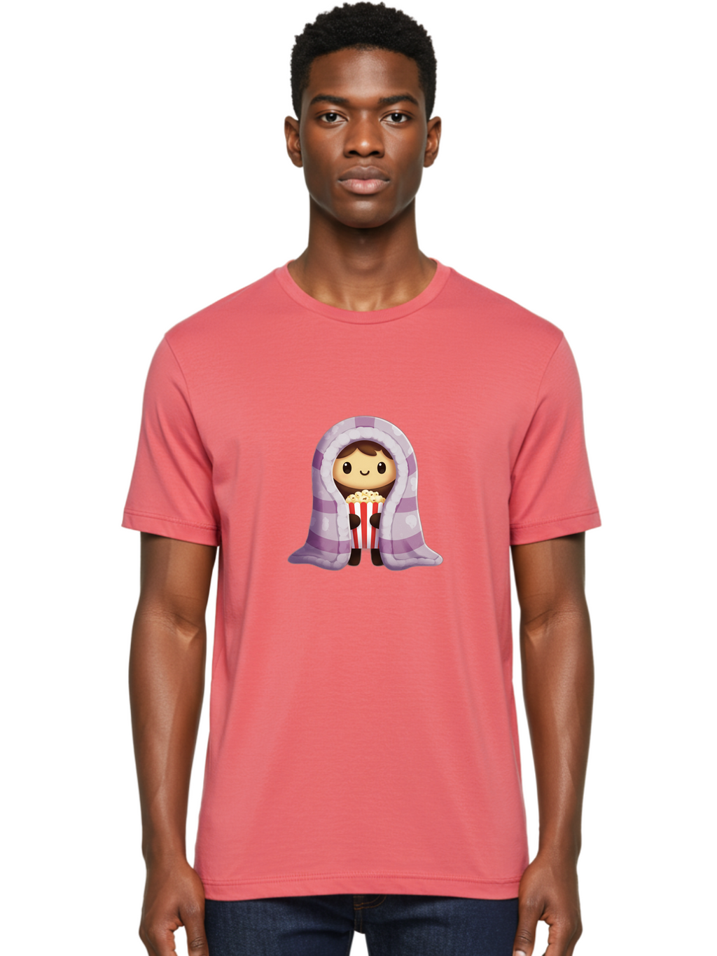 Girl-With-Popcorn Men'S Graphic Tee, 100% Cotton, Comfortable Casual Summer Wear, Machine Washable, Cartoon Girl, Wrapped In Blanket, Holding Popcorn, Cozy Atmosphere, Relaxed Mood, Kawaii Style, Cute Character, Movie Night, Snack Time, Bab960