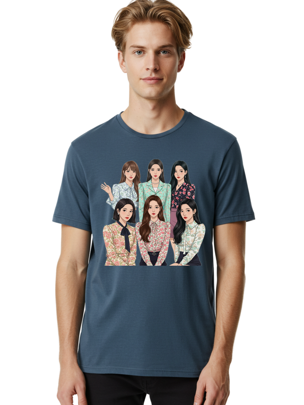 Girls-Generation Men'S Graphic Tee, 100% Cotton, Comfortable Casual Summer Wear, Machine Washable, K-Pop Group Illustration, Six Female Idols, Floral Blouses, Fashionable Outfits, Cartoon-Style Artwork, Long Black Hair, Stylish Poses, Bab961