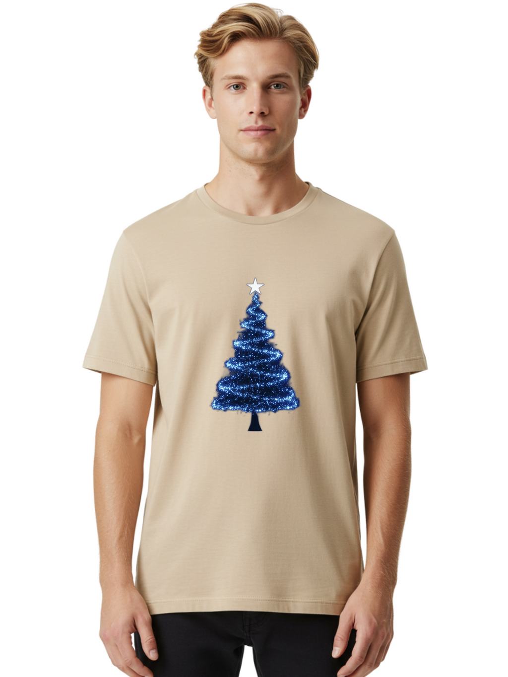 Glittering-Christmas-Tree Men'S Graphic Tee, 100% Cotton, Comfortable Casual Summer Wear, Machine Washable, Blue Christmas Tree, Dark Blue Decorations, Star On Top, Sparkling Lights, Festive Atmosphere, Holiday Season, Winter Wonderland, Bab962