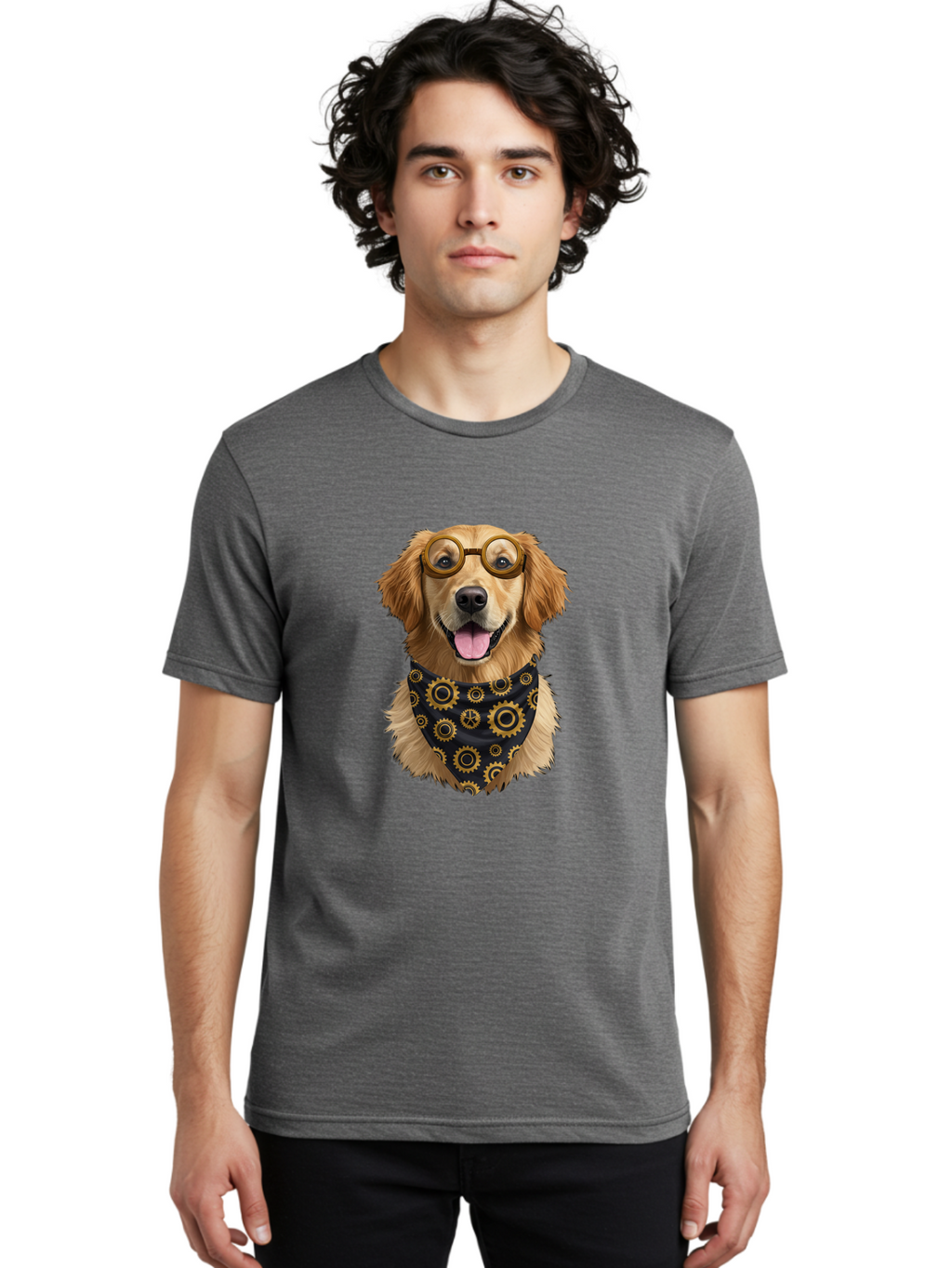 Goggles-Dog Men'S Graphic Tee, 100% Cotton, Comfortable Casual Summer Wear, Machine Washable, Steampunk Dog, Golden Retriever, Goggles, Bandana, Gears, Steampunk Style, Vintage, Eccentric, Quirky, Mechanical, Imaginative, Fantasy, Creative Bab963
