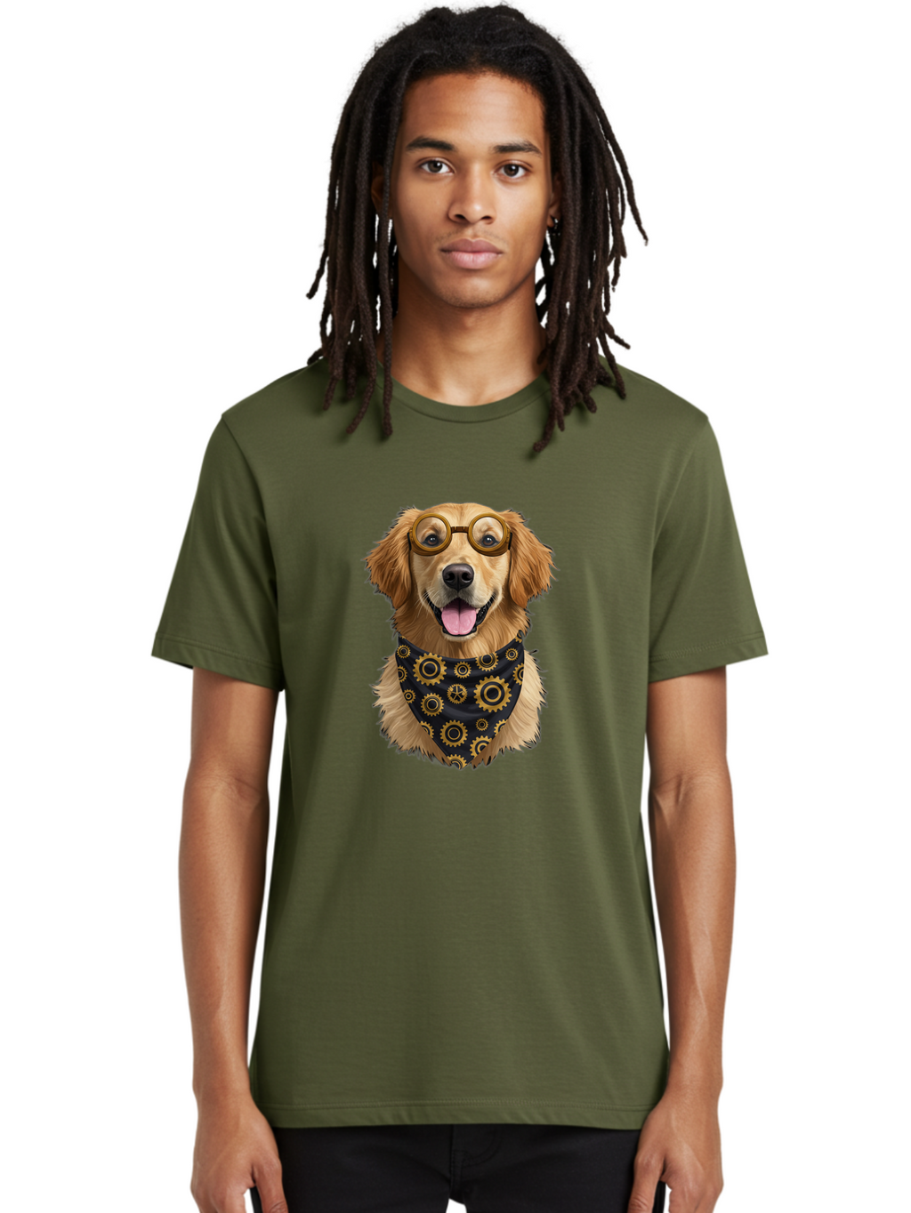 Goggles-Dog Men'S Graphic Tee, 100% Cotton, Comfortable Casual Summer Wear, Machine Washable, Steampunk Dog, Golden Retriever, Goggles, Bandana, Gears, Steampunk Style, Vintage, Eccentric, Quirky, Mechanical, Imaginative, Fantasy, Creative Bab963