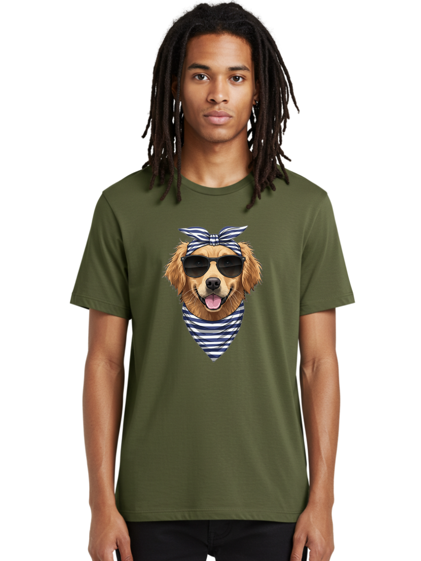 Golden-Dog Men'S Graphic Tee, 100% Cotton, Comfortable Casual Summer Wear, Machine Washable, Cool Dog, Dog Wearing Sunglasses, Retro Dog, Dog With Bandana, Cute Canine, Happy Dog, Stylish Pup, Funny Animal Bab965