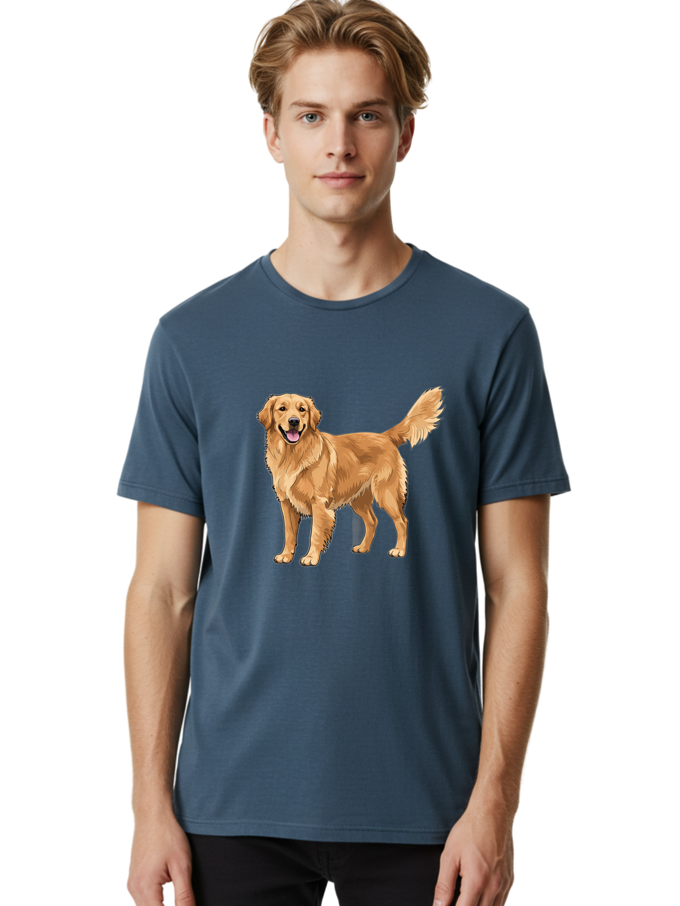 Golden-Retriever-10 Men'S Graphic Tee, 100% Cotton, Comfortable Casual Summer Wear, Machine Washable, Golden Retriever Dog, Golden Fur, Friendly Expression, Wagging Tail, Standing Pose, Canine Companion, Dog Illustration, Fluffy Coat, Bab967