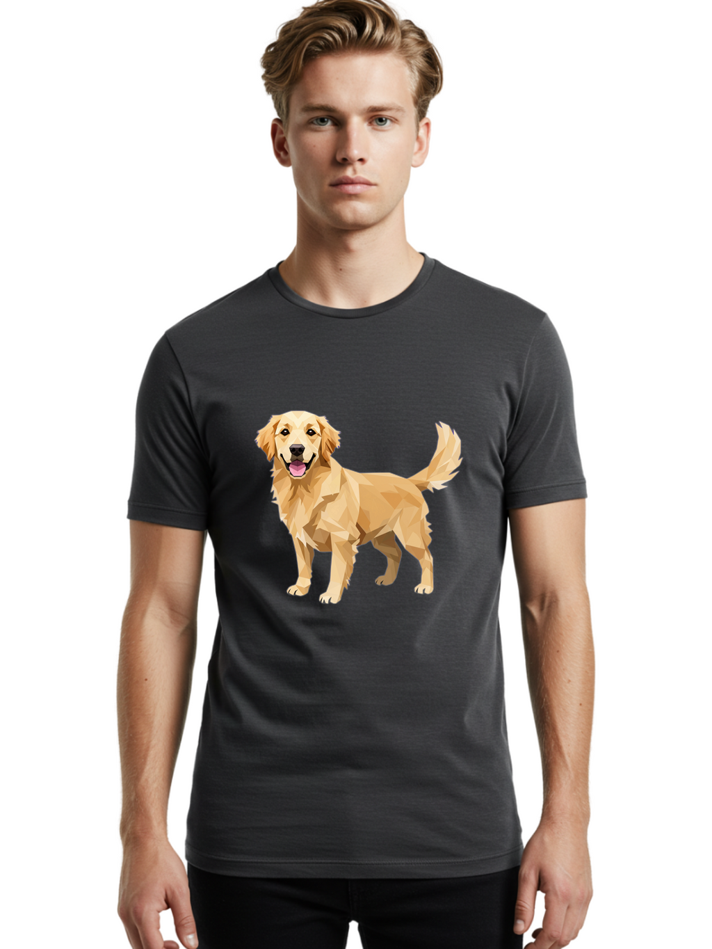 Golden-Retriever-12 Men'S Graphic Tee, 100% Cotton, Comfortable Casual Summer Wear, Machine Washable, Golden Retriever Dog, Happy Canine, Low Poly Art, Dog Illustration, Friendly Dog, Dog Graphics, Pet Illustration, Cute Dog Bab969