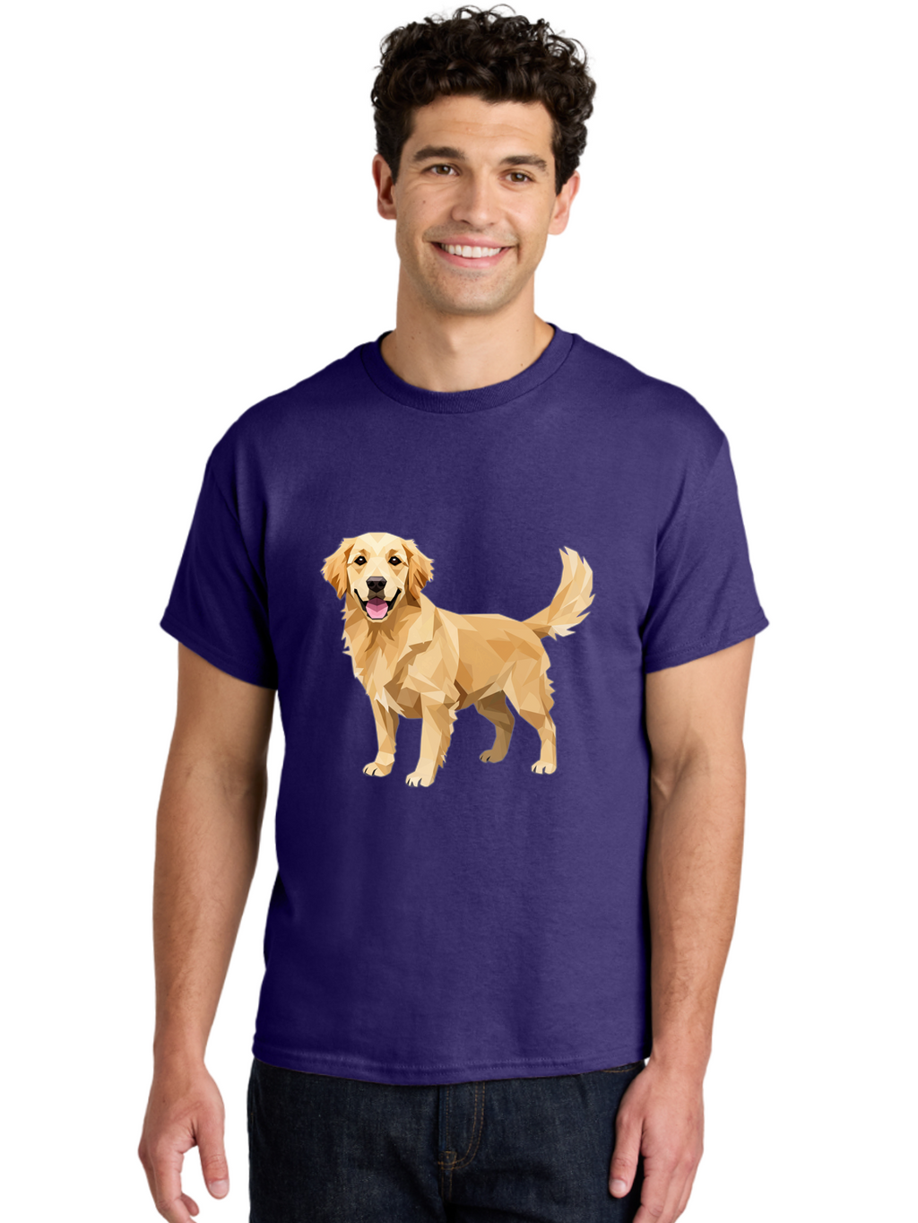 Golden-Retriever-12 Men'S Graphic Tee, 100% Cotton, Comfortable Casual Summer Wear, Machine Washable, Golden Retriever Dog, Happy Canine, Low Poly Art, Dog Illustration, Friendly Dog, Dog Graphics, Pet Illustration, Cute Dog Bab969