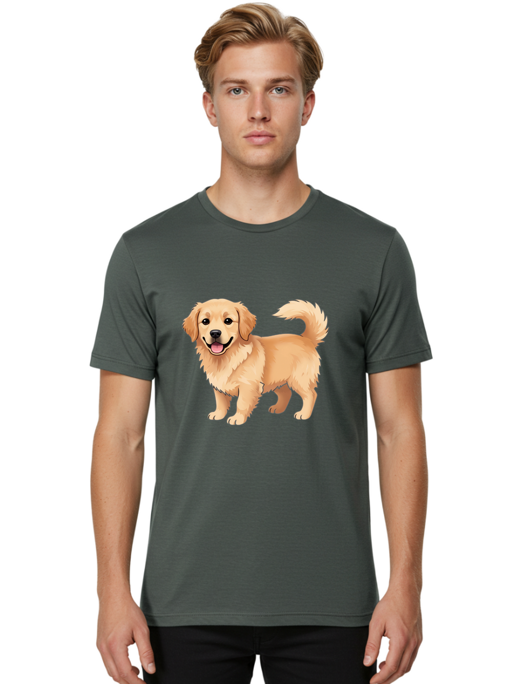 Golden-Retriever-13 Men'S Graphic Tee, 100% Cotton, Comfortable Casual Summer Wear, Machine Washable, Golden Retriever Dog, Happy Expression, Fluffy Fur, Playful Demeanor, Friendly Animal, Cartoon Style, Golden Coat, Dog Illustration, Bab970