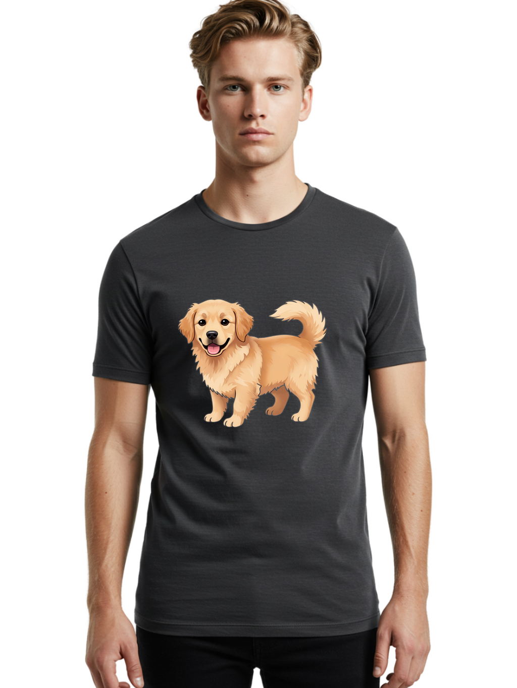 Golden-Retriever-13 Men'S Graphic Tee, 100% Cotton, Comfortable Casual Summer Wear, Machine Washable, Golden Retriever Dog, Happy Expression, Fluffy Fur, Playful Demeanor, Friendly Animal, Cartoon Style, Golden Coat, Dog Illustration, Bab970
