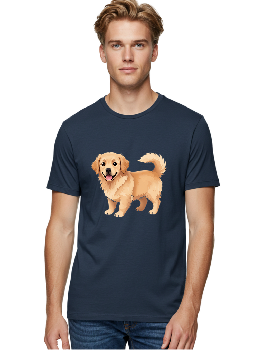 Golden-Retriever-13 Men'S Graphic Tee, 100% Cotton, Comfortable Casual Summer Wear, Machine Washable, Golden Retriever Dog, Happy Expression, Fluffy Fur, Playful Demeanor, Friendly Animal, Cartoon Style, Golden Coat, Dog Illustration, Bab970
