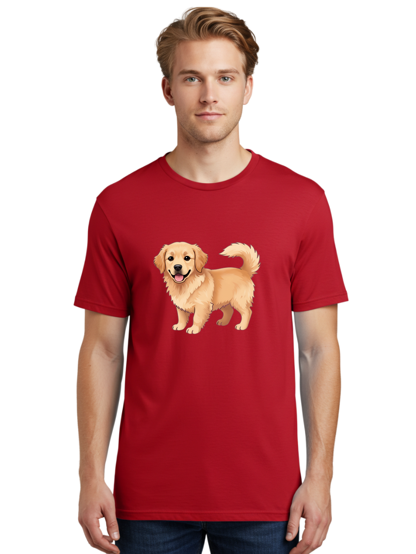 Golden-Retriever-13 Men'S Graphic Tee, 100% Cotton, Comfortable Casual Summer Wear, Machine Washable, Golden Retriever Dog, Happy Expression, Fluffy Fur, Playful Demeanor, Friendly Animal, Cartoon Style, Golden Coat, Dog Illustration, Bab970