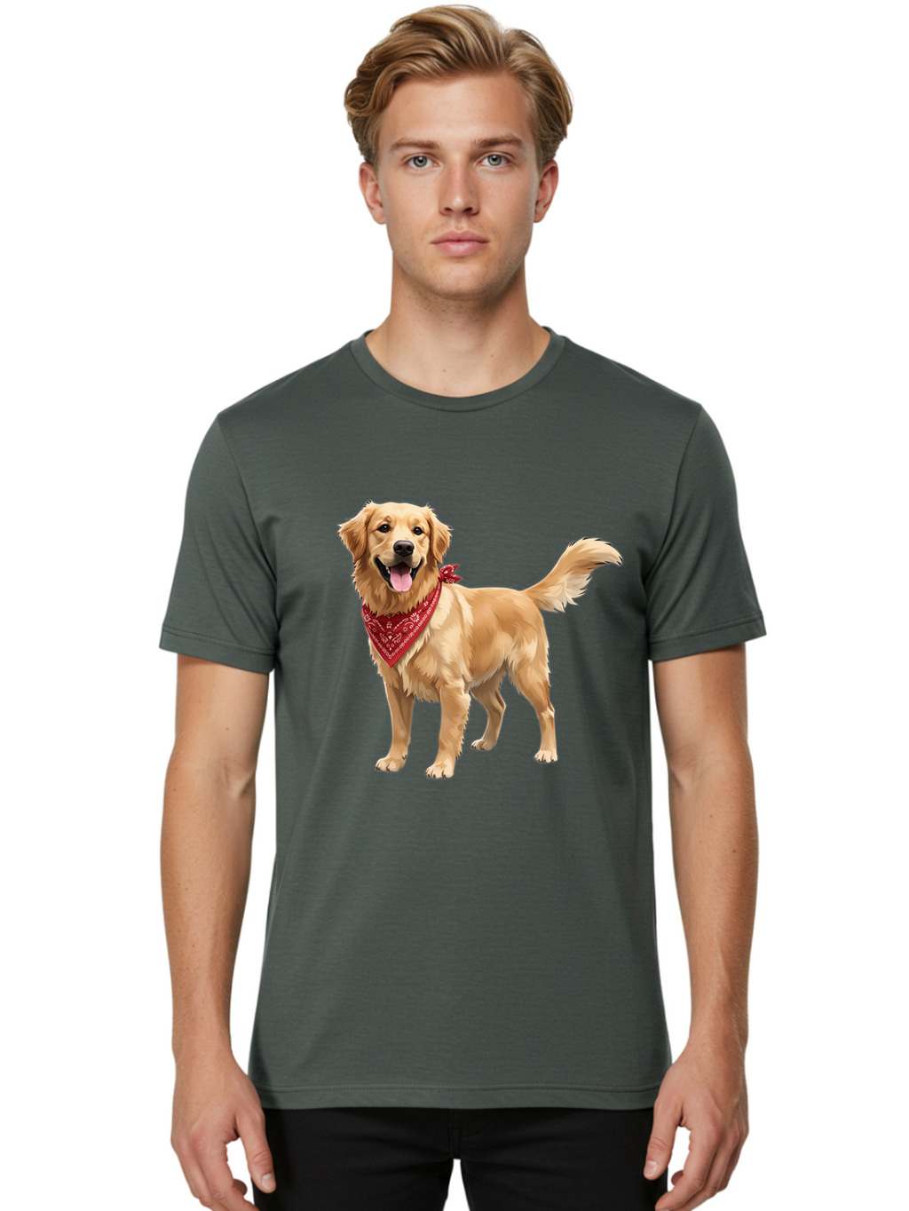 Golden-Retriever-14 Men'S Graphic Tee, 100% Cotton, Comfortable Casual Summer Wear, Machine Washable, Golden Retriever Dog, Red Bandana, Happy Dog, Friendly Pet, Canine Companion, Dog Illustration, Adorable Animal, Pet Portrait, Bab971