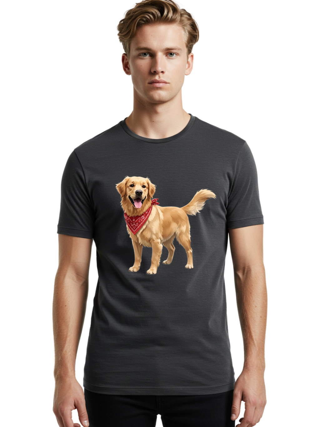 Golden-Retriever-14 Men'S Graphic Tee, 100% Cotton, Comfortable Casual Summer Wear, Machine Washable, Golden Retriever Dog, Red Bandana, Happy Dog, Friendly Pet, Canine Companion, Dog Illustration, Adorable Animal, Pet Portrait, Bab971