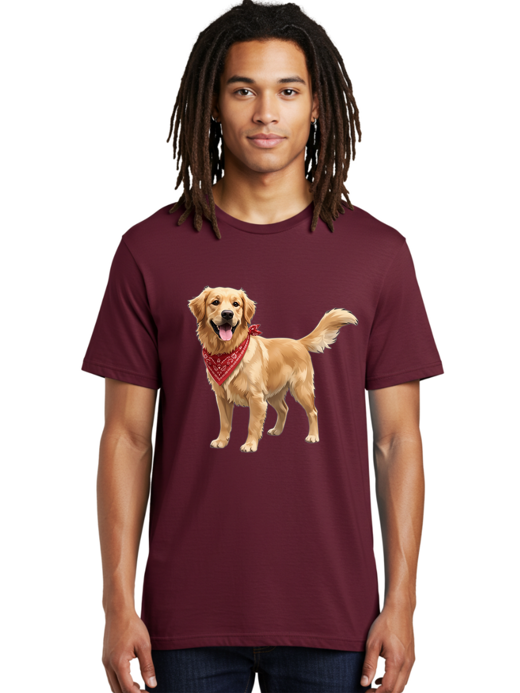Golden-Retriever-14 Men'S Graphic Tee, 100% Cotton, Comfortable Casual Summer Wear, Machine Washable, Golden Retriever Dog, Red Bandana, Happy Dog, Friendly Pet, Canine Companion, Dog Illustration, Adorable Animal, Pet Portrait, Bab971
