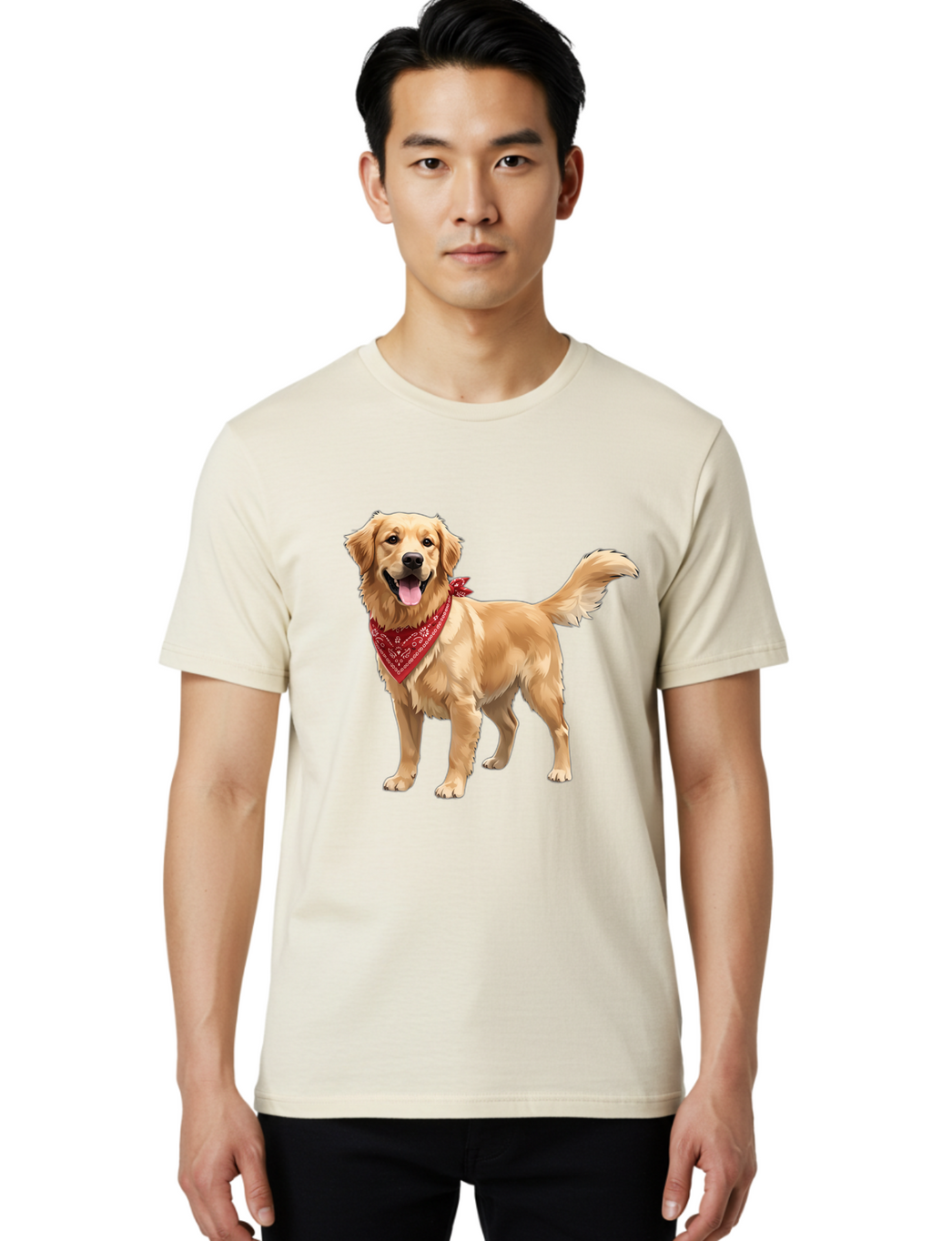 Golden-Retriever-14 Men'S Graphic Tee, 100% Cotton, Comfortable Casual Summer Wear, Machine Washable, Golden Retriever Dog, Red Bandana, Happy Dog, Friendly Pet, Canine Companion, Dog Illustration, Adorable Animal, Pet Portrait, Bab971