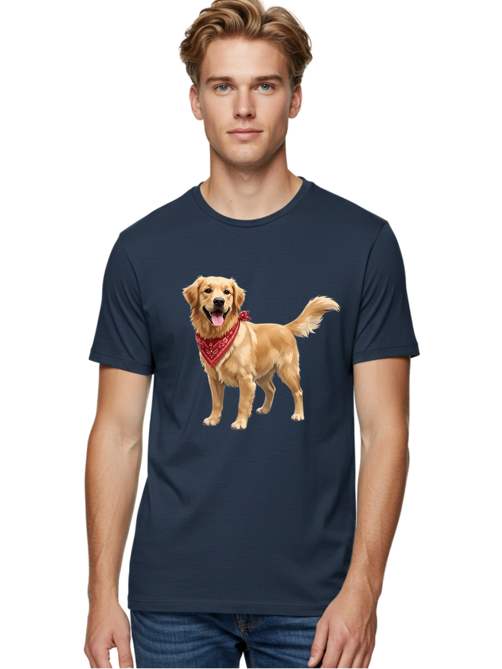 Golden-Retriever-14 Men'S Graphic Tee, 100% Cotton, Comfortable Casual Summer Wear, Machine Washable, Golden Retriever Dog, Red Bandana, Happy Dog, Friendly Pet, Canine Companion, Dog Illustration, Adorable Animal, Pet Portrait, Bab971