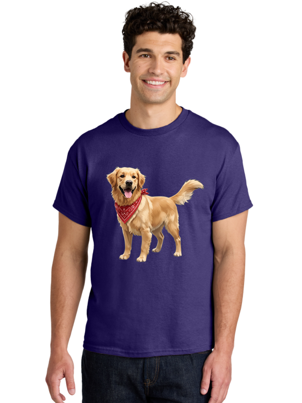 Golden-Retriever-14 Men'S Graphic Tee, 100% Cotton, Comfortable Casual Summer Wear, Machine Washable, Golden Retriever Dog, Red Bandana, Happy Dog, Friendly Pet, Canine Companion, Dog Illustration, Adorable Animal, Pet Portrait, Bab971