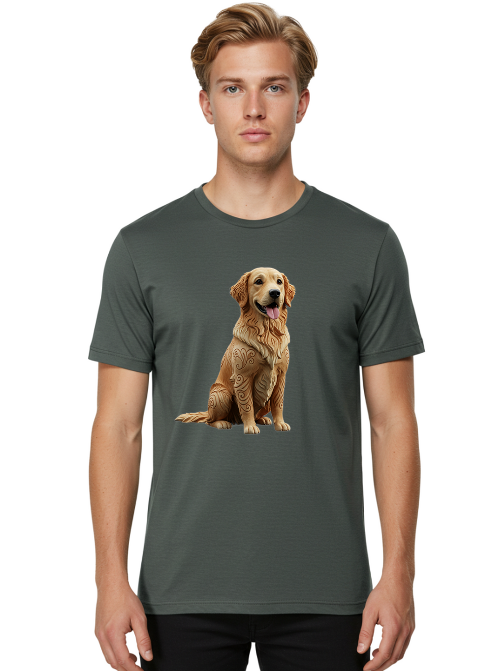 Golden-Retriever-2 Men'S Graphic Tee, 100% Cotton, Comfortable Casual Summer Wear, Machine Washable, Golden Retriever Dog, Carved Wooden Dog, Intricate Designs, Carved Patterns, Wooden Texture, Dog Figurine, Sitting Dog, Happy Dog, Bab976