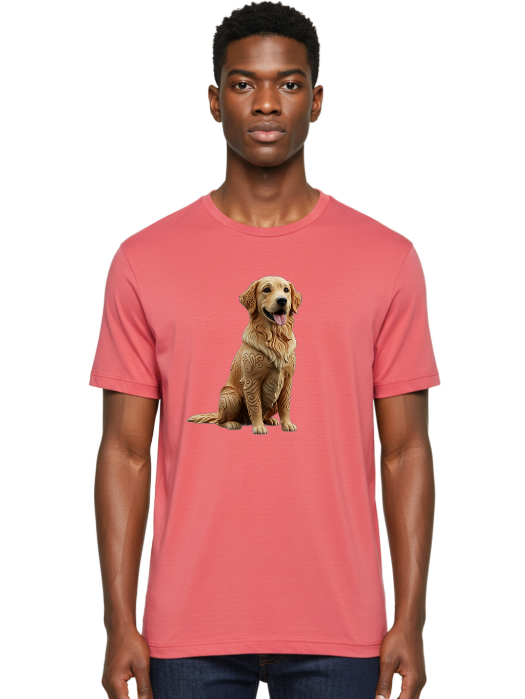 Golden-Retriever-2 Men'S Graphic Tee, 100% Cotton, Comfortable Casual Summer Wear, Machine Washable, Golden Retriever Dog, Carved Wooden Dog, Intricate Designs, Carved Patterns, Wooden Texture, Dog Figurine, Sitting Dog, Happy Dog, Bab976