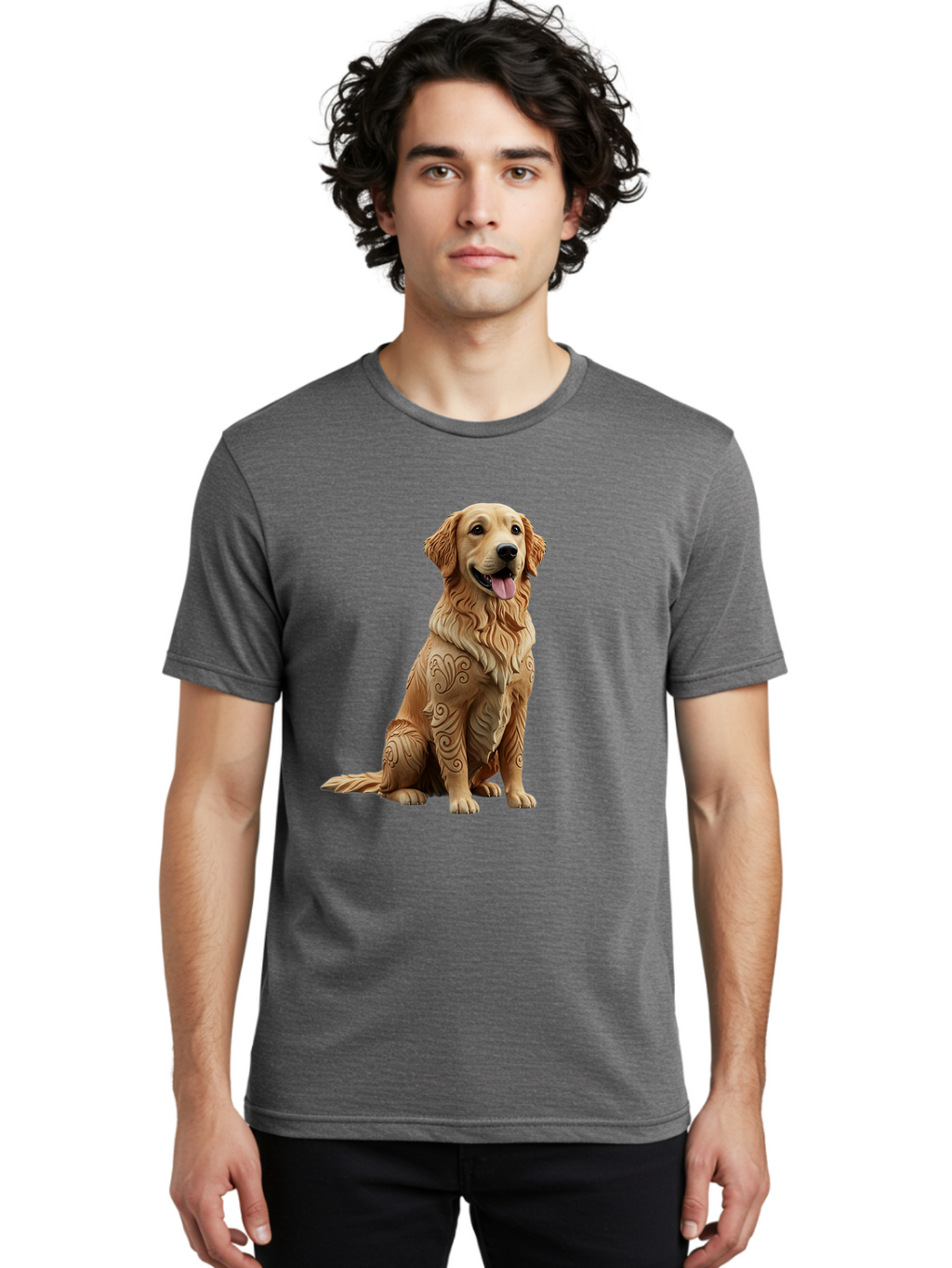 Golden-Retriever-2 Men'S Graphic Tee, 100% Cotton, Comfortable Casual Summer Wear, Machine Washable, Golden Retriever Dog, Carved Wooden Dog, Intricate Designs, Carved Patterns, Wooden Texture, Dog Figurine, Sitting Dog, Happy Dog, Bab976