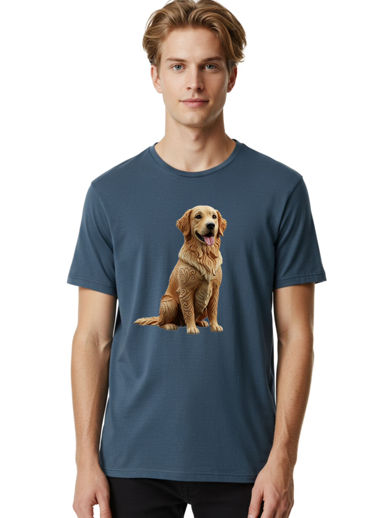 Golden-Retriever-2 Men'S Graphic Tee, 100% Cotton, Comfortable Casual Summer Wear, Machine Washable, Golden Retriever Dog, Carved Wooden Dog, Intricate Designs, Carved Patterns, Wooden Texture, Dog Figurine, Sitting Dog, Happy Dog, Bab976