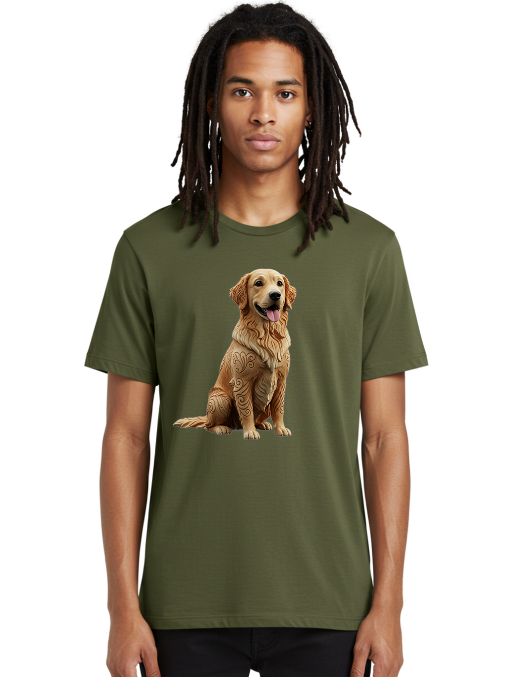 Golden-Retriever-2 Men'S Graphic Tee, 100% Cotton, Comfortable Casual Summer Wear, Machine Washable, Golden Retriever Dog, Carved Wooden Dog, Intricate Designs, Carved Patterns, Wooden Texture, Dog Figurine, Sitting Dog, Happy Dog, Bab976