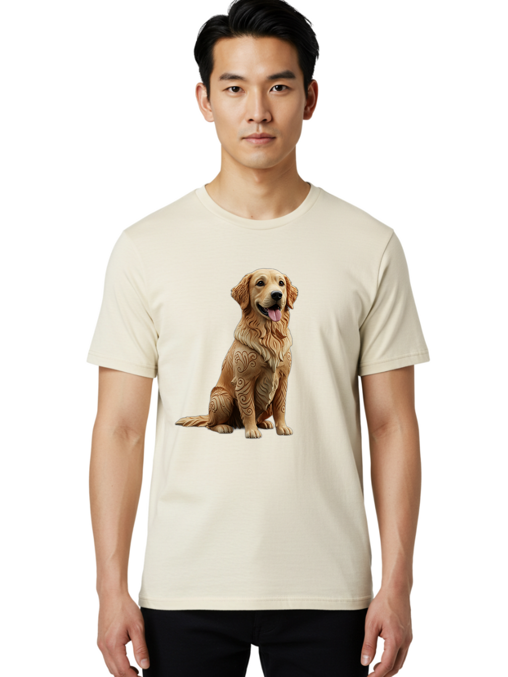 Golden-Retriever-2 Men'S Graphic Tee, 100% Cotton, Comfortable Casual Summer Wear, Machine Washable, Golden Retriever Dog, Carved Wooden Dog, Intricate Designs, Carved Patterns, Wooden Texture, Dog Figurine, Sitting Dog, Happy Dog, Bab976