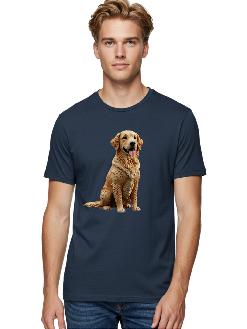 Golden-Retriever-2 Men'S Graphic Tee, 100% Cotton, Comfortable Casual Summer Wear, Machine Washable, Golden Retriever Dog, Carved Wooden Dog, Intricate Designs, Carved Patterns, Wooden Texture, Dog Figurine, Sitting Dog, Happy Dog, Bab976