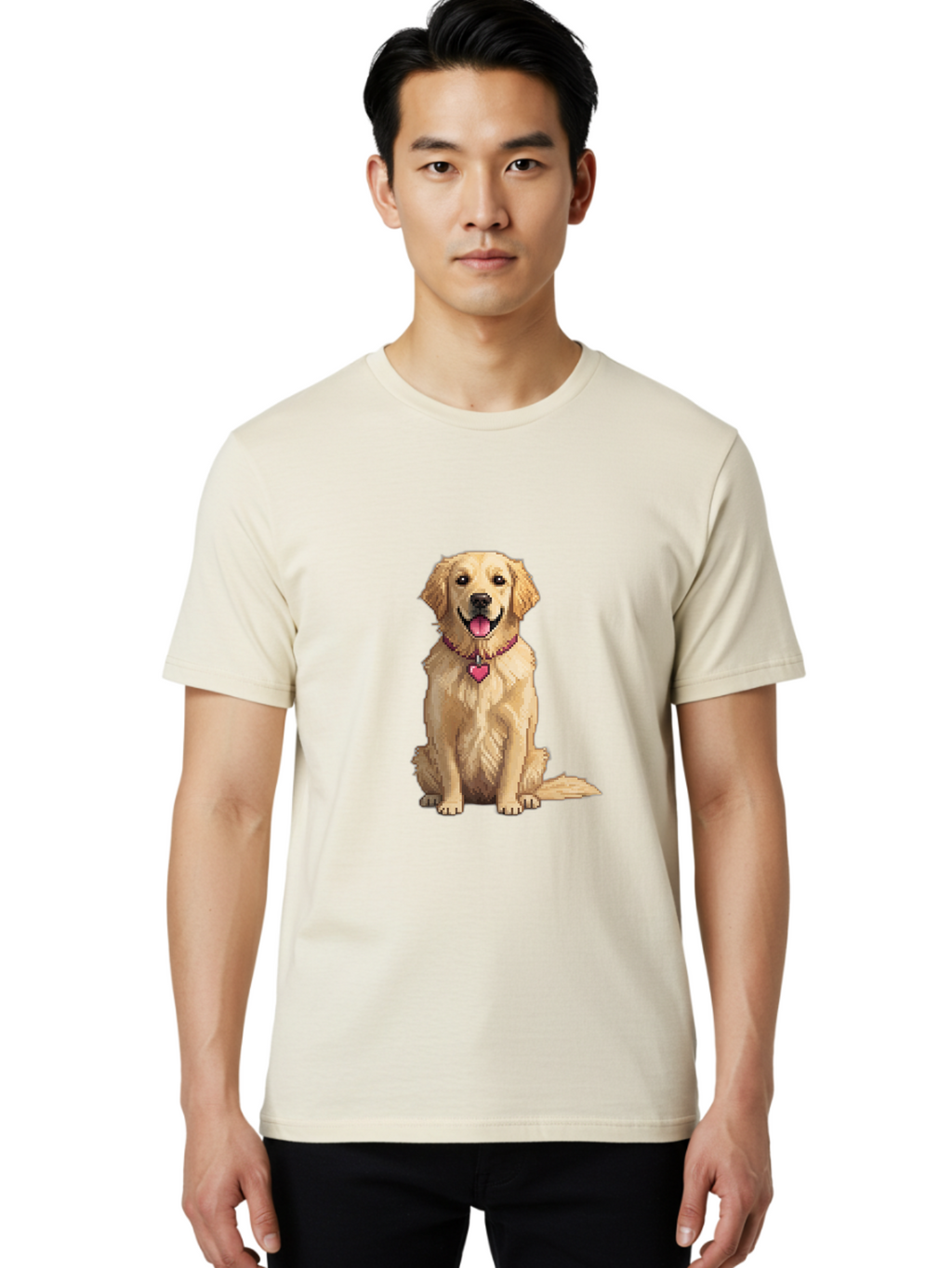 Golden-Retriever-5 Men'S Graphic Tee, 100% Cotton, Comfortable Casual Summer Wear, Machine Washable, Golden Retriever, Dog With Pink Heart Tag, Sitting Dog, Cute Canine, Pet Portrait, Furry Friend, Heartwarming Scene, Lovable Dog, Adorable Pet Bab979