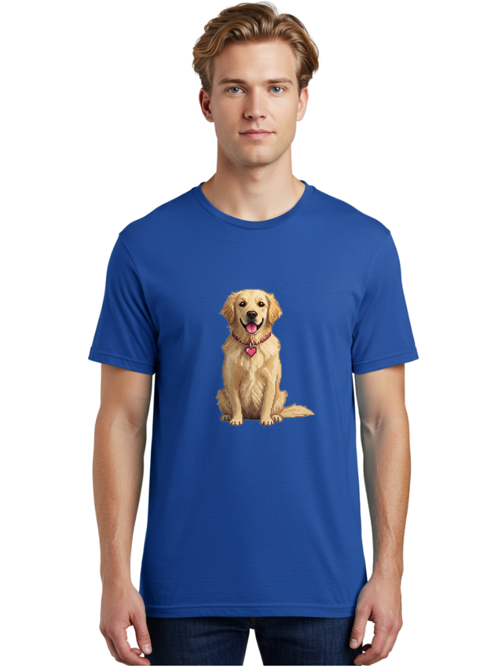 Golden-Retriever-5 Men'S Graphic Tee, 100% Cotton, Comfortable Casual Summer Wear, Machine Washable, Golden Retriever, Dog With Pink Heart Tag, Sitting Dog, Cute Canine, Pet Portrait, Furry Friend, Heartwarming Scene, Lovable Dog, Adorable Pet Bab979