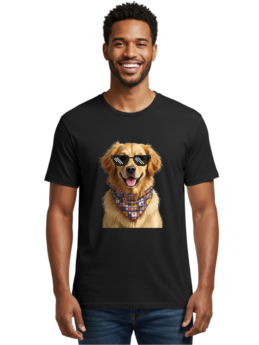 Golden-Retriever-6 Men'S Graphic Tee, 100% Cotton, Comfortable Casual Summer Wear, Machine Washable, Happy Golden Retriever, Cool Dog, Sunglasses, Checkered Pattern, Bandana, Colorful, Fun, Playful, Cute, Furry Friend, Dog Lover, Bab980