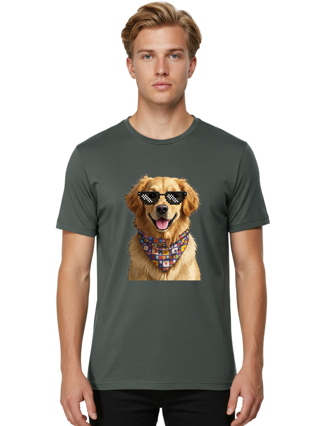Golden-Retriever-6 Men'S Graphic Tee, 100% Cotton, Comfortable Casual Summer Wear, Machine Washable, Happy Golden Retriever, Cool Dog, Sunglasses, Checkered Pattern, Bandana, Colorful, Fun, Playful, Cute, Furry Friend, Dog Lover, Bab980