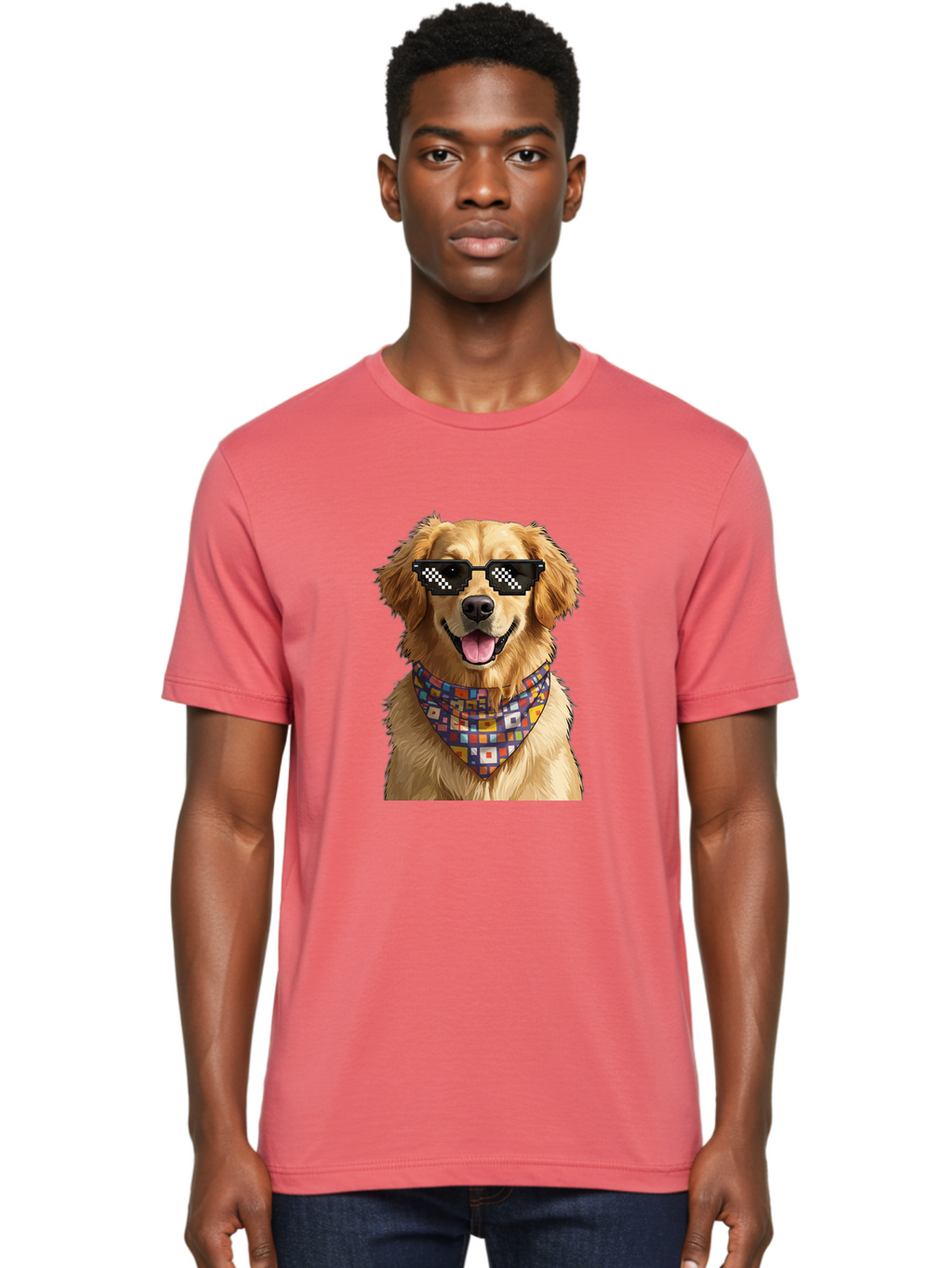 Golden-Retriever-6 Men'S Graphic Tee, 100% Cotton, Comfortable Casual Summer Wear, Machine Washable, Happy Golden Retriever, Cool Dog, Sunglasses, Checkered Pattern, Bandana, Colorful, Fun, Playful, Cute, Furry Friend, Dog Lover, Bab980