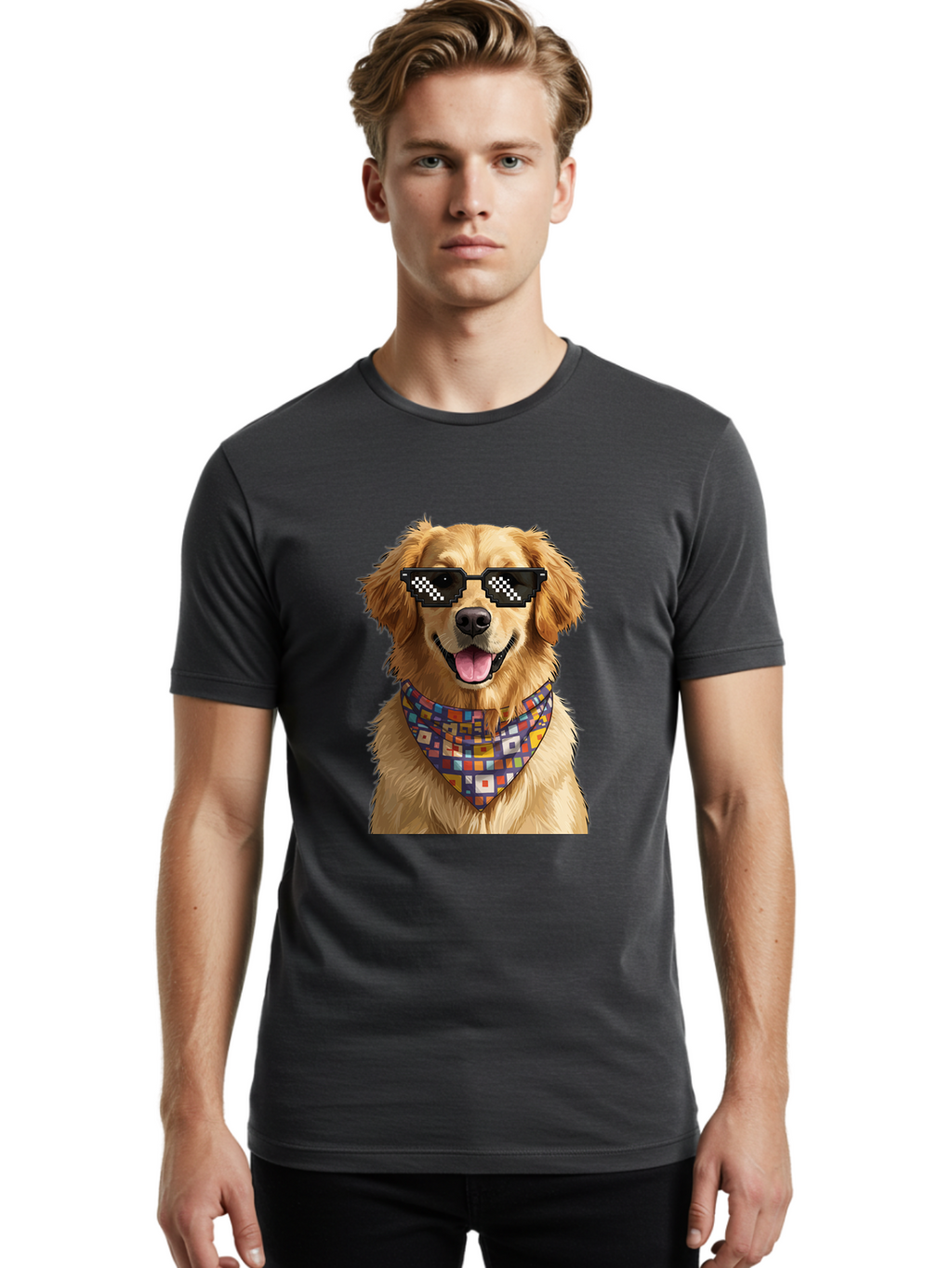 Golden-Retriever-6 Men'S Graphic Tee, 100% Cotton, Comfortable Casual Summer Wear, Machine Washable, Happy Golden Retriever, Cool Dog, Sunglasses, Checkered Pattern, Bandana, Colorful, Fun, Playful, Cute, Furry Friend, Dog Lover, Bab980