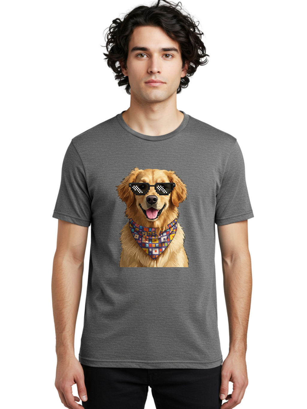 Golden-Retriever-6 Men'S Graphic Tee, 100% Cotton, Comfortable Casual Summer Wear, Machine Washable, Happy Golden Retriever, Cool Dog, Sunglasses, Checkered Pattern, Bandana, Colorful, Fun, Playful, Cute, Furry Friend, Dog Lover, Bab980
